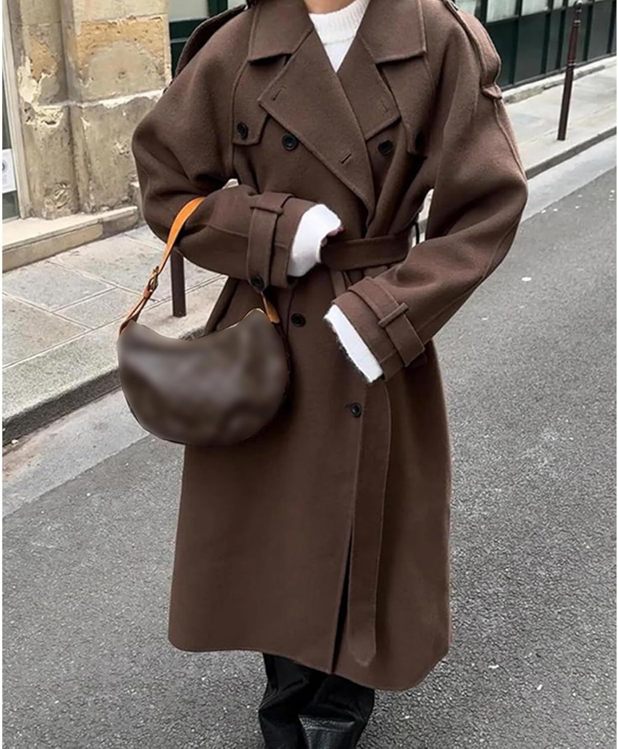 SOMTHRON Women's Winter Double Breasted Peacoat Long Sleeve Notch Lapel Maxi Long Trench Coat Overcoat with Belt - Image 6