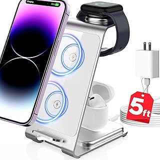 Lemoworld 15W Wireless Charger iPhone Fast Charging, 3 in 1 Wireless for Apple Charging Station Multiple Device [Metal] iPhone Charging Station for iPhone 15/14/13/12/11/Pro/Max/Apple Watch/Airpods