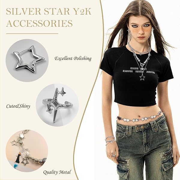 Silber Stern Collana Set Y2K Gioielli Grunge Collane Impilate Carino Ciondolo Stella Cintura Estetica Goth Emo Accessori Alternativi Bijoux Per - 4