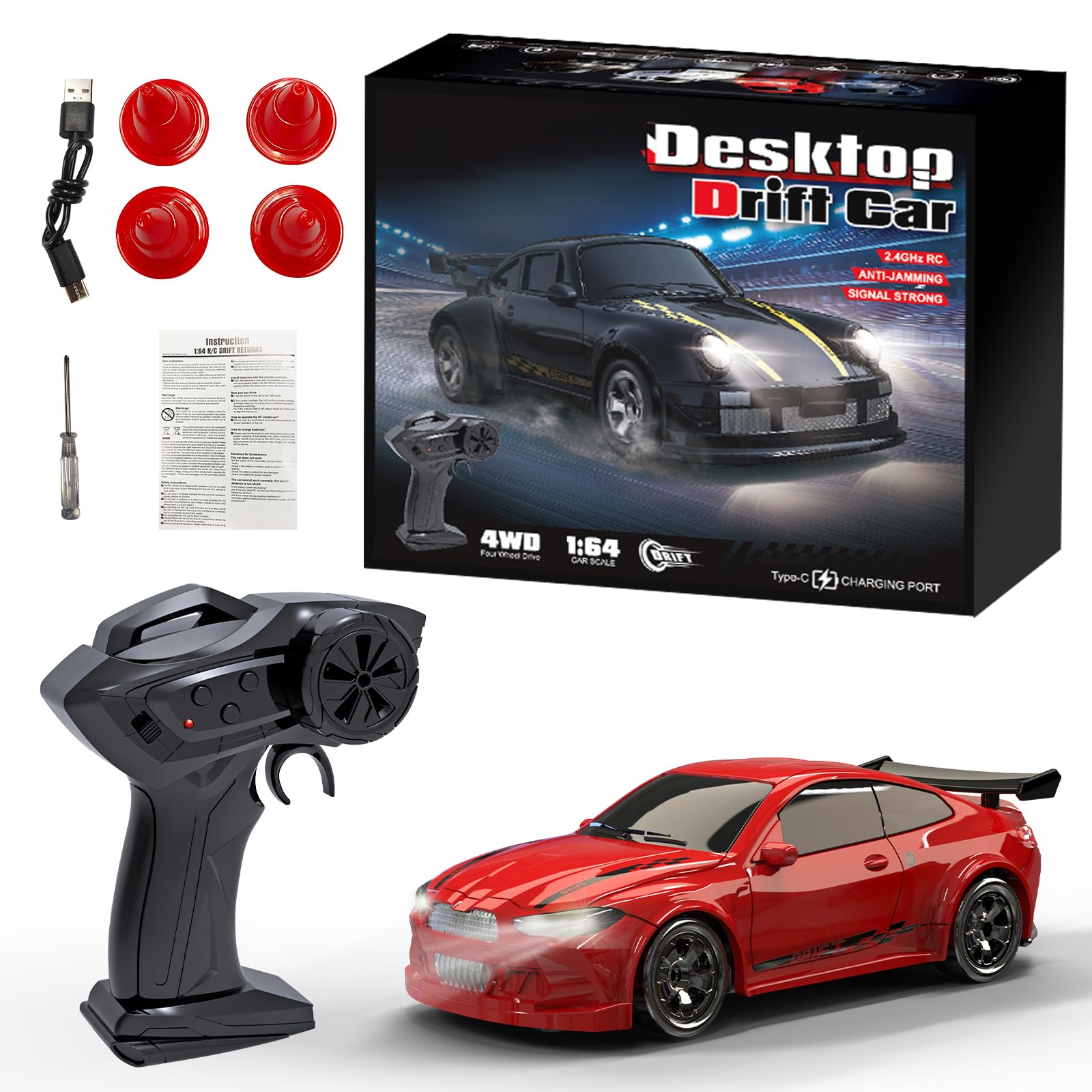 1:64 Scale Mini RC Drift Car, 2.4GHz 4WD Full Proportional Model Vehicle with LED Lights, Racing Sport Toy for Adults Teens (Red)