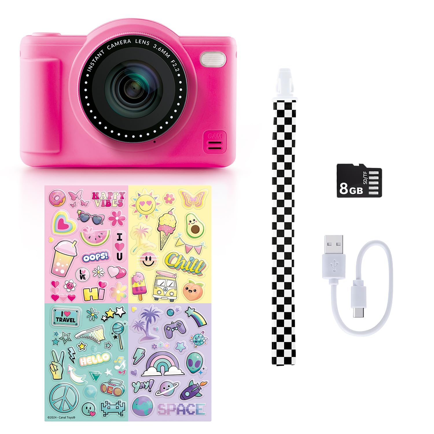 Canal Toys - Cámara Digital Infantil de Doble Lente (Mini cámara compacta Rosa con Modo Selfie para 8 años – 32 megaPixeles, Pantalla LCD, 20 Marcos y 5 filtros, Tarjeta SD de 4 GB incluida