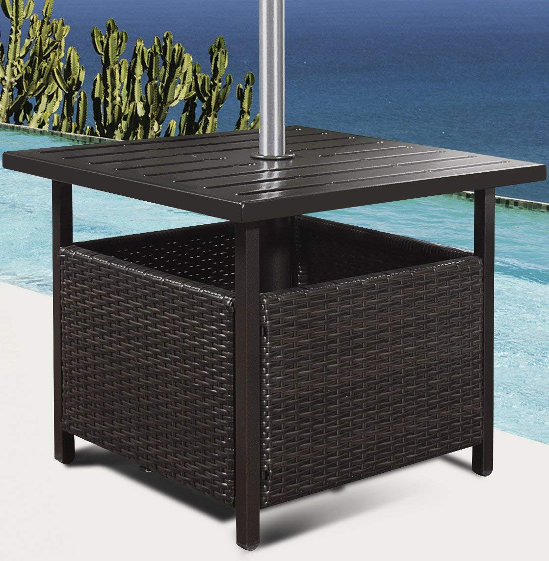 SPSUPE Brown Patio Rattan Umbrella Side Table, Steel Outdoor Furniture with Umbrella Hole, Deck Garden Pool Umbrella Side Table : Patio, Lawn & Garden