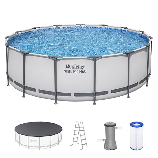 Bestway Steel Pro MAX 15' x 48" Above Ground Pool, Round Metal Frame Outdoor Swimming Pool Set with Filter Pump, Ladder, and Cover, Gray