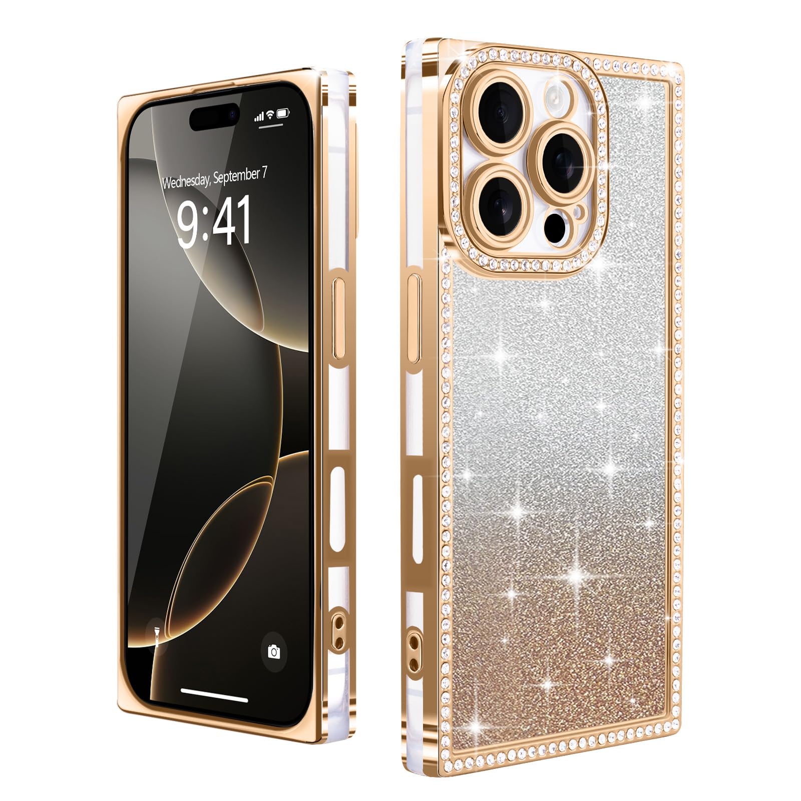 for iPhone 16 Pro Case Glitter, Rectangle Cute Plating Luxury Sparkle Gradient Clear Cover for Women Girls,Raised Full Camera Lens Protection Shockproof Case for iPhone 16 Pro Gold