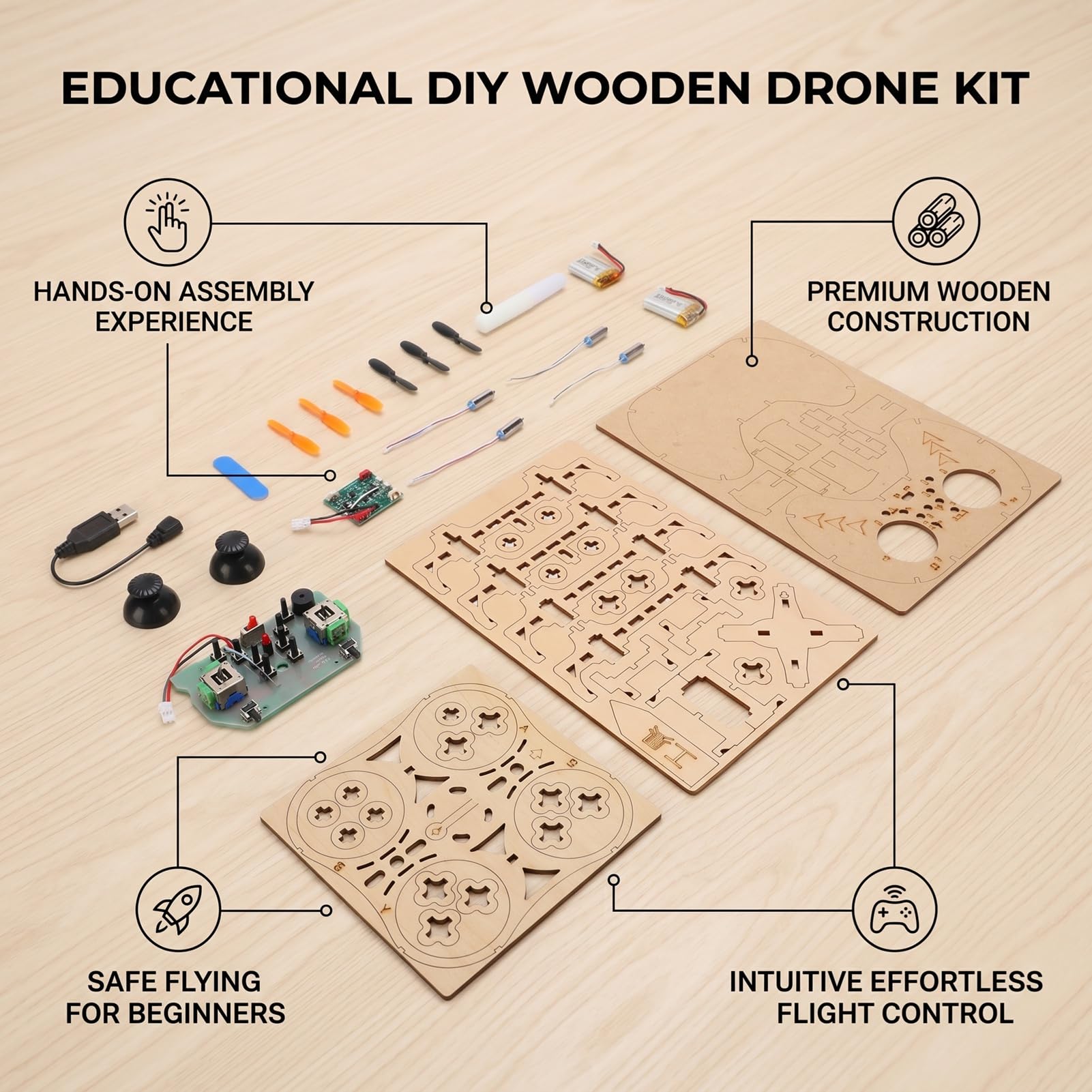 Kit Drone in Legno, Quadricottero Telecomandato Fai-da-te con Telaio Protettivo Completo e una Chiave di Decollo, per Principianti