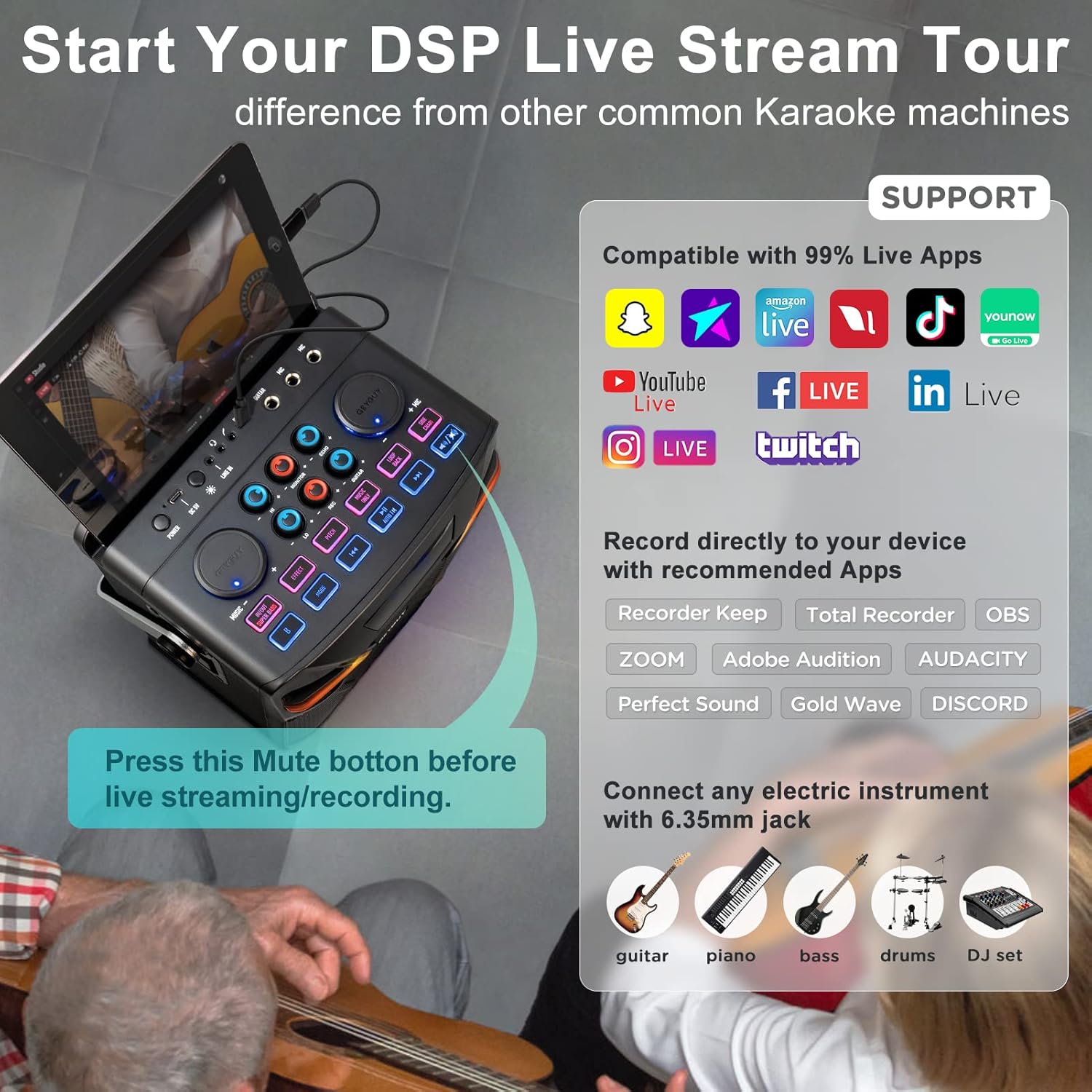GPSK-1 DSP Bluetooth Karaoke Machine with 2 Wireless mic for Outdoor Projector, Portable PA System Support Live Streaming with Sound Effects/DJ Lights/FM for Recording, YouTube, iOS, Android : Musical Instruments