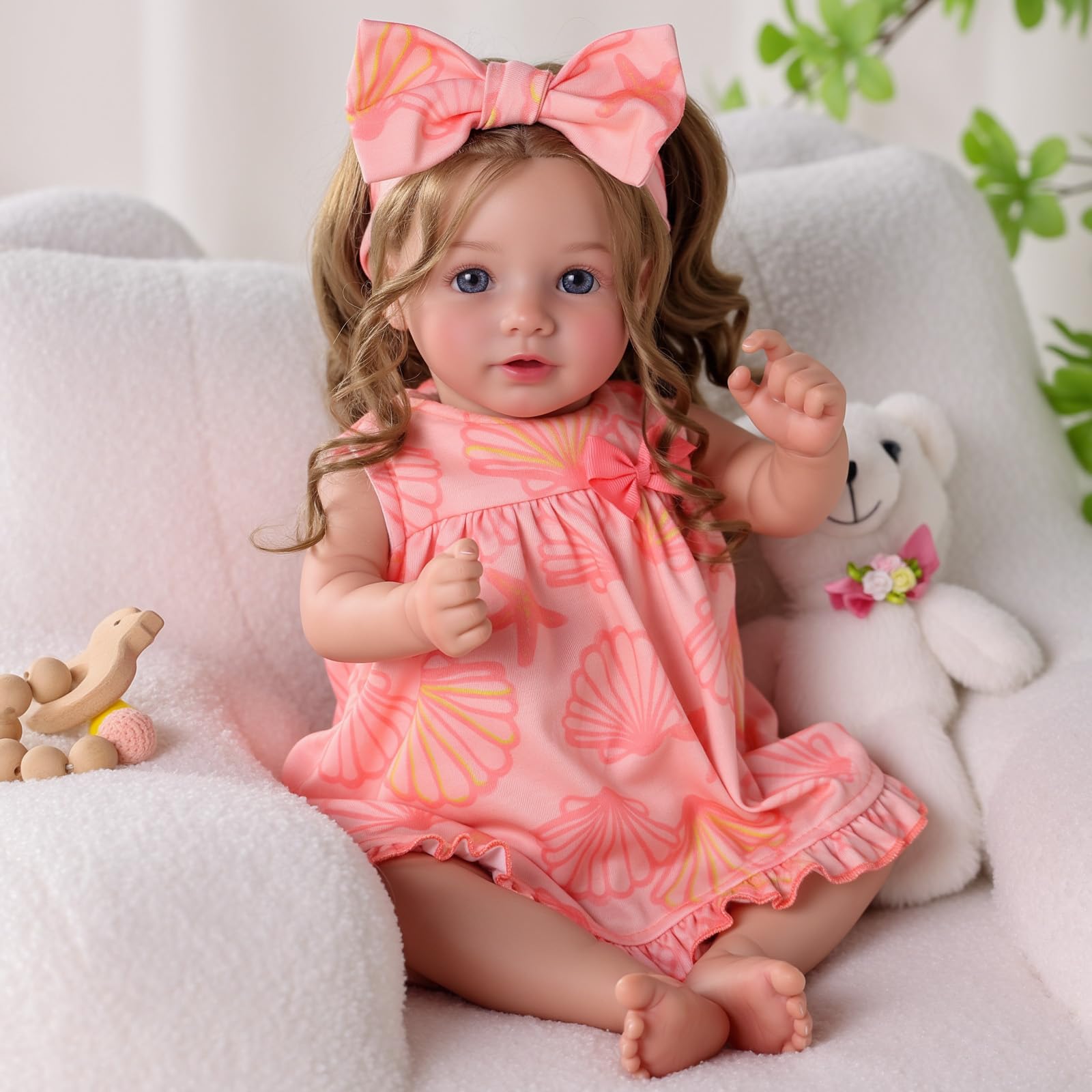 BABESIDE Lifelike Reborn Baby Dolls, 20 Inch Realistic Reborn Girl Doll with Long Curly Brown Hair