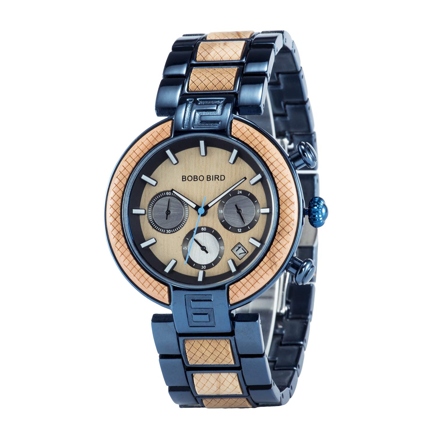 BOBO BIRD Mens Wood Watches 42mm Fashion Multifunction Chronograph Analog Quartz Watch Stainless Steel Metal Handmade Wrist Watches for Men (Blue) (B085HDSS3P) Amazon Price History, Amazon Price Tracker