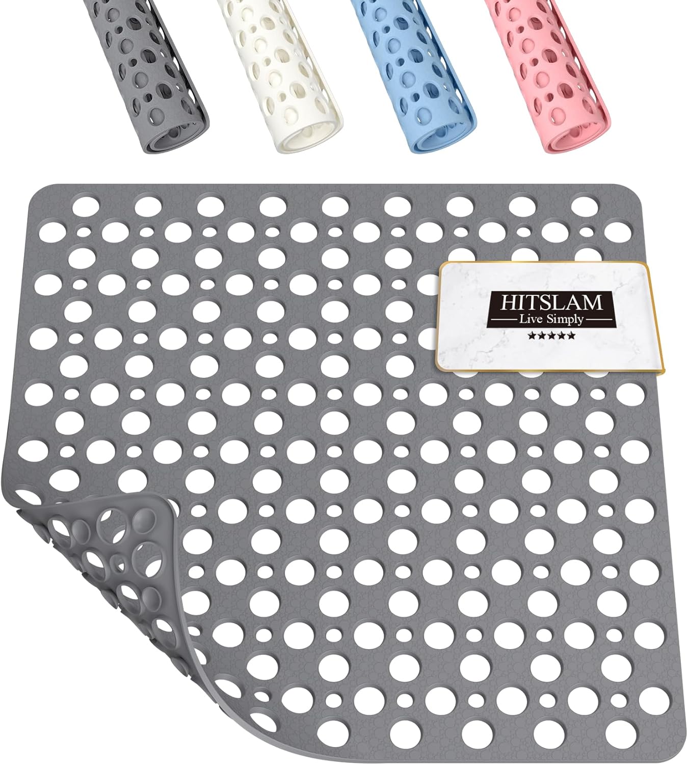 HITSLAM Shower Mat Anti Slip, 21x21 Inch No Odor Soft TPE Bathroom Shower Stall Floor Mat, Square Bath Mat for Tub Non Slip with Suction Cups and Drain Holes, Machine Washable, Soft on Feet, Grey