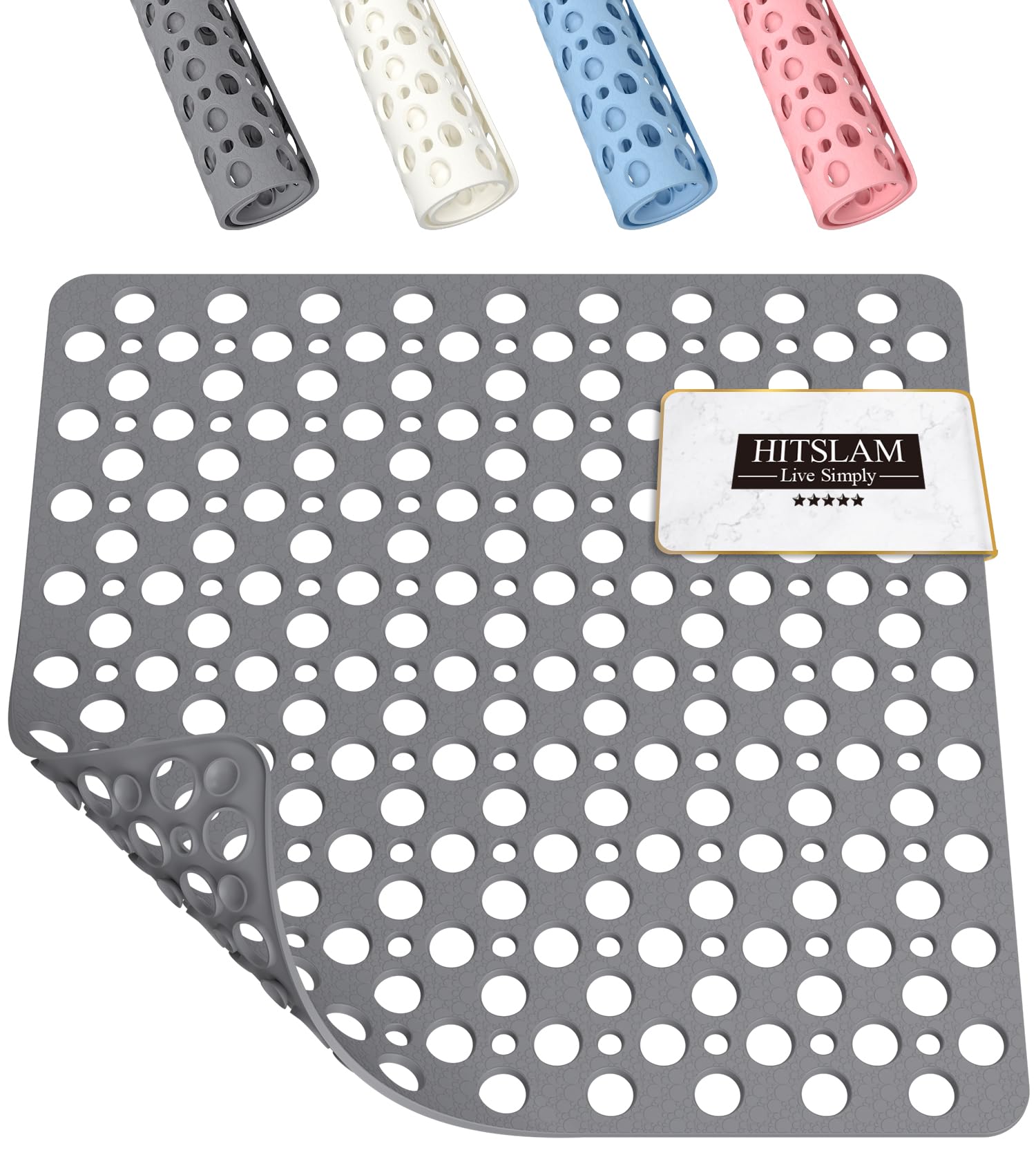 HITSLAM Shower Mat Anti Slip, 21x21 Inch No Odor Soft TPE Bathroom Shower Stall Floor Mat, Square Bath Mat for Tub Non Slip with Suction Cups and Drain Holes, Machine Washable, Soft on Feet, Grey