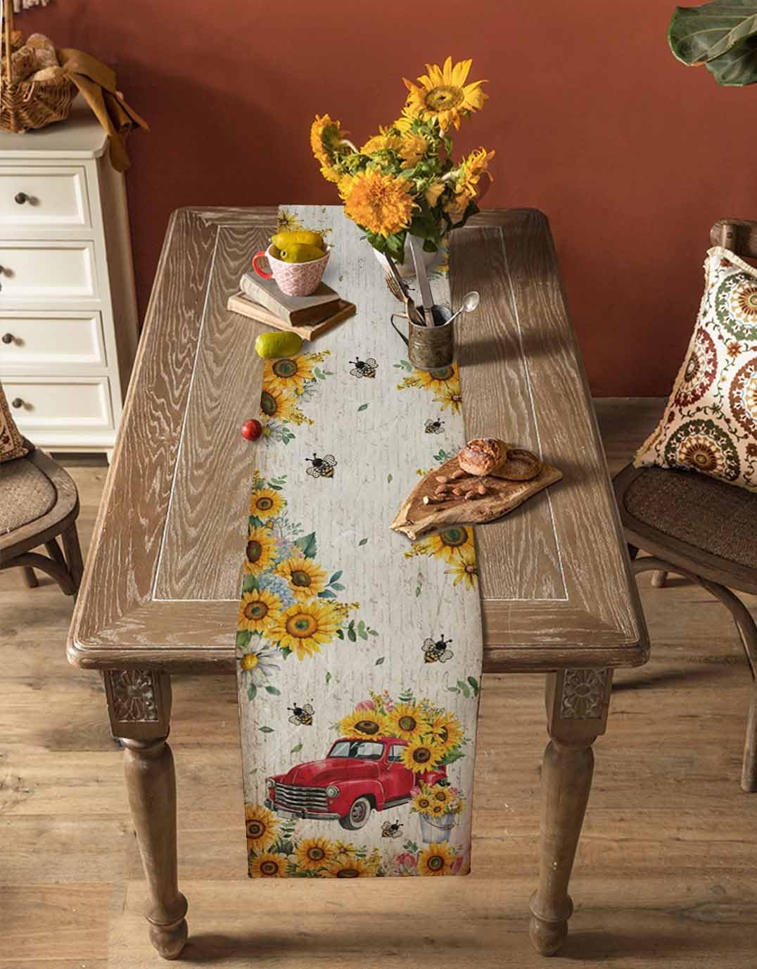 Red Truck Table Runner Farmhouse Burlap 120 Inch Long, Sunflower Table Runner for Party Wedding Tables Decor, Floral Dining Room Tables Runners 13x120in Kitchen Decor Holiday