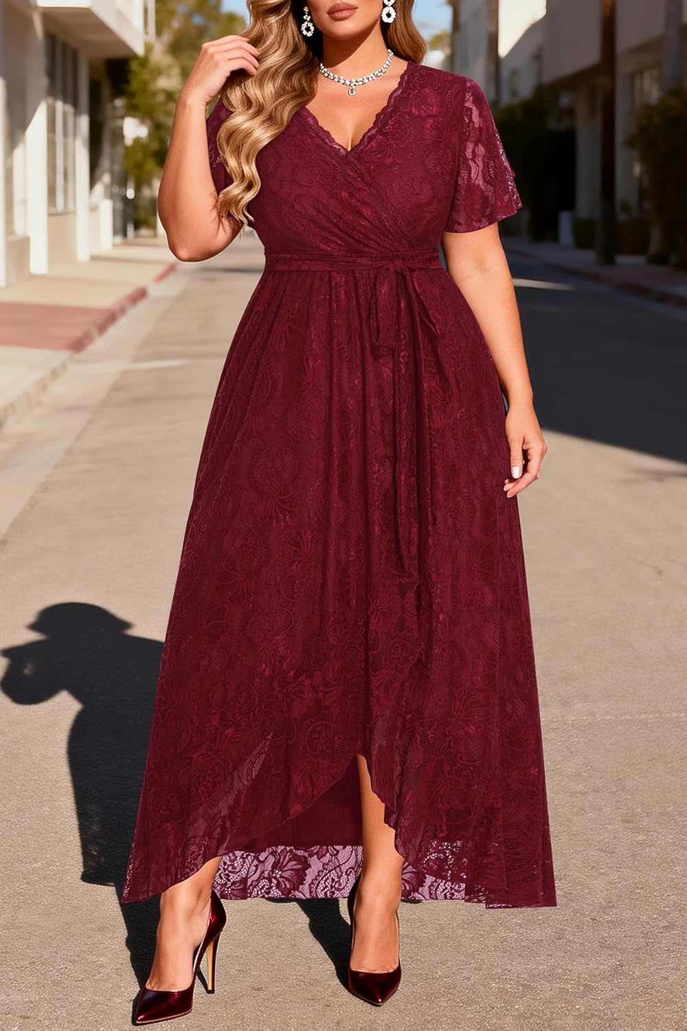 Plus Size Dresses Wedding Guest - Formal Cocktail Party Long Lace High Low Wrap V Neck Dress - Image 6
