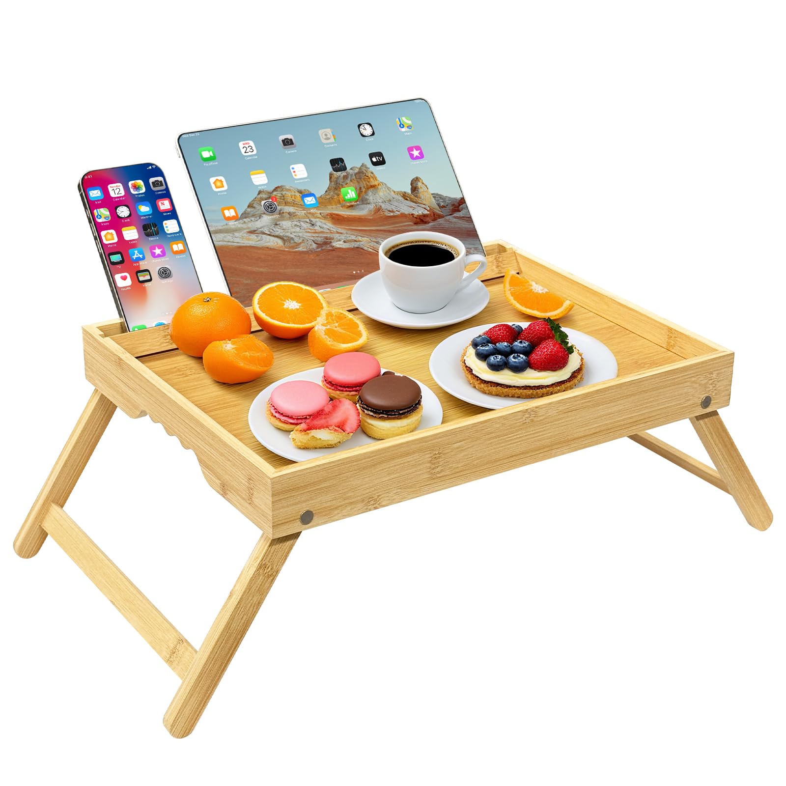 Zhonyee Natural Bamboo Bed Tray Table With Folding Legs Media Slot And Phone Holders - Breakfast Tray On Bed Sofa, Perfect As Laptop Desk, Snack & Kitchen Serving Platter