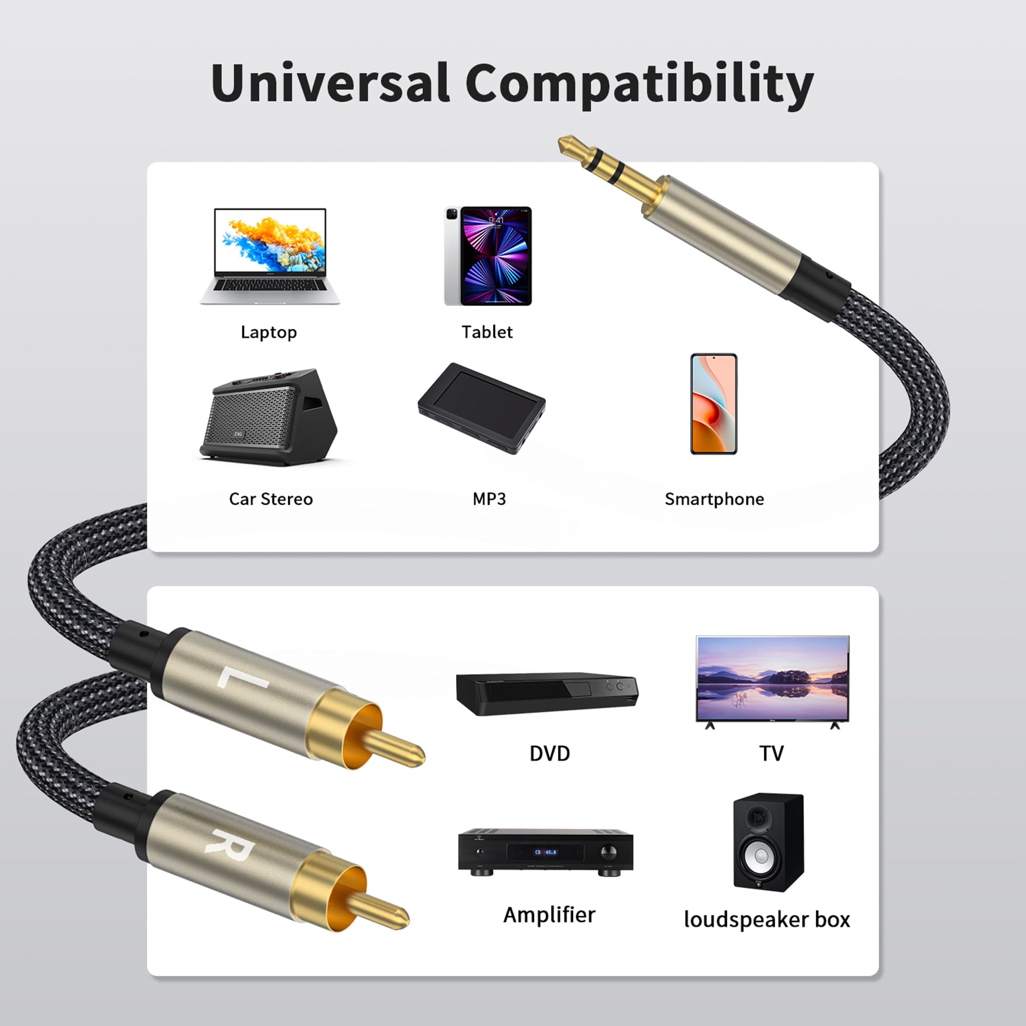 Cavo RCA da 3,5 mm a RCA, adattatore audio RCA maschio a ausiliario, adattatore audio Hi-Fi, alloggiamento in metallo, splitter RCA Y, cavo AUX RCA da 1/8 a connettore RCA per altoparlante