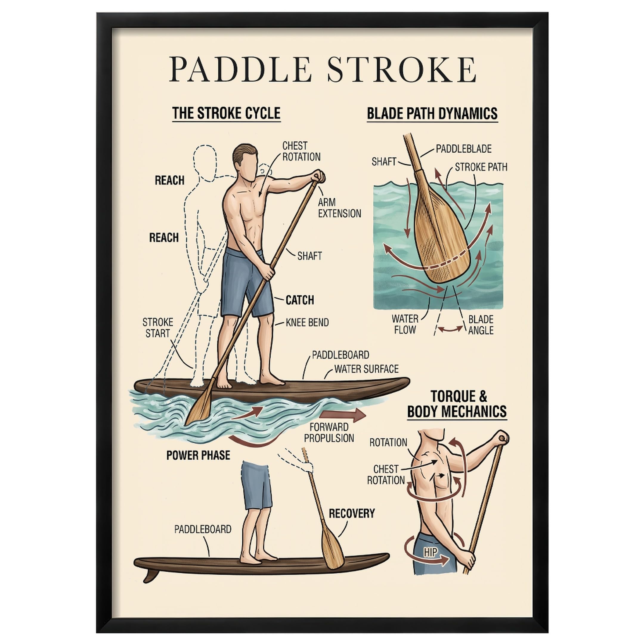 Wallbuddy Arte de pared de técnica de paddleboard (30 x 40 cm, Marco Black)