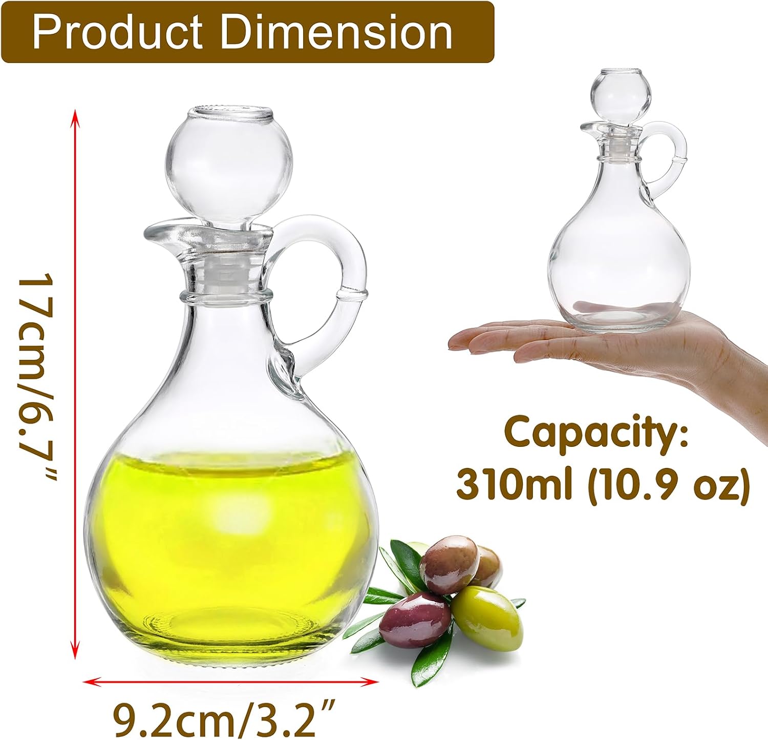 BSTKEY Set of 2 Olive Oil Dispenser Bottle with Stopper, 310ml Round Glass Cruet Bottles Dispenser for Kitchen, Salad Dressing Bottles, Cruets for Vinegar and Oil image 2