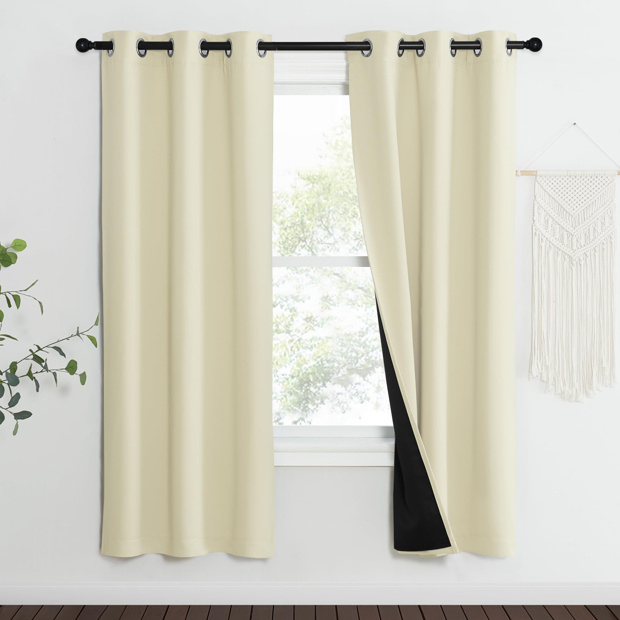 NICETOWN Living Room Completely Shaded Draperies, Privacy Protection &amp; Noise Reducing Ring Top Drapes, Black Lined Insulated Window Treatment Curtain Panels (Beige, 2 Pieces, W37 x L70)