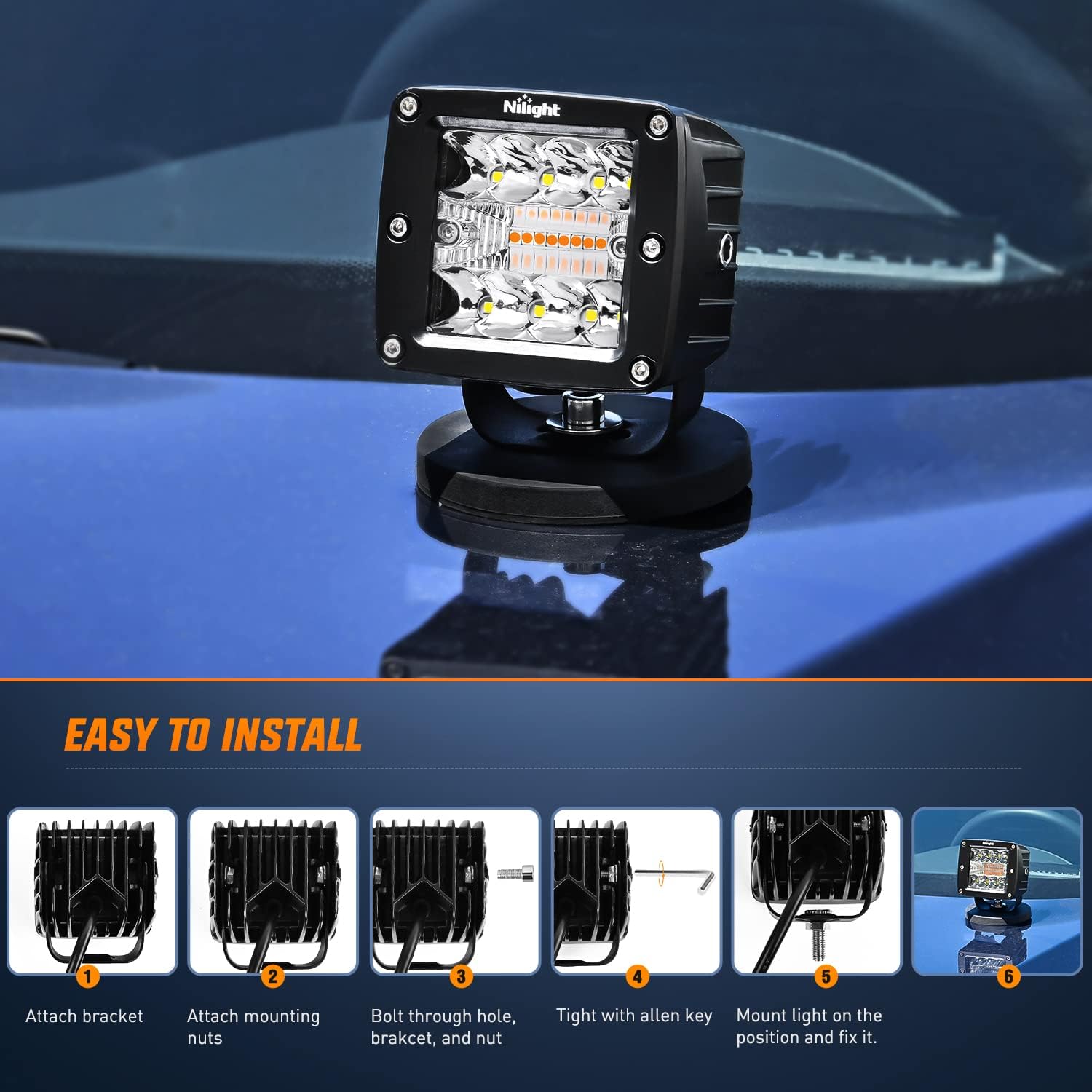 Nilight 2PCS 42W Light Bar 3Inch Cube Pod Light Amber White Strobe 6 Modes Memory Function, Ideal for Fog & Snow Conditions, Off-Road Truck Car ATV Jeep Boat with 16AWG Wiring Harness Kit-2 Leads