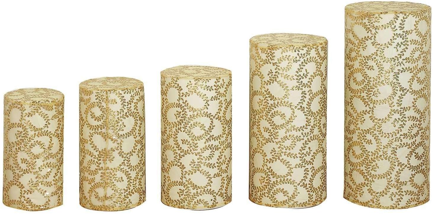 Efavormart Set of 5 Gold Sequin Mesh Cylinder Display Box Stand Covers with Leaf Vine Embroidery, Sparkly Sheer Tulle Pedestal Pillar Prop Covers
