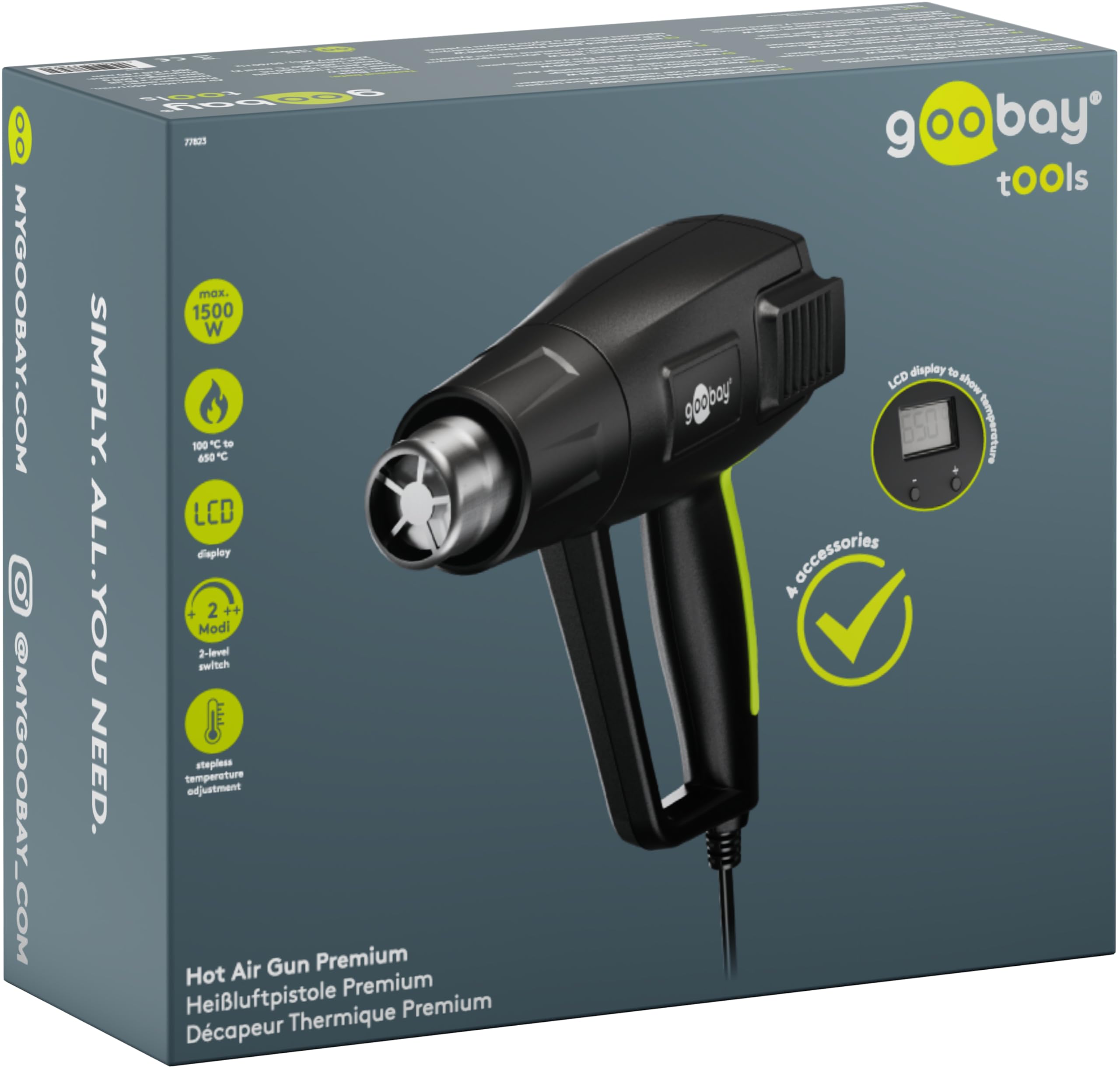 goobay Pistola ad aria calda da 1500 W, display LCD, 2 intervalli di temperatura regolabili (100°C-650°C), flusso d'aria 450I/min, con 4 inserti per tubi termoretraibili, dissaldatura, deformazione