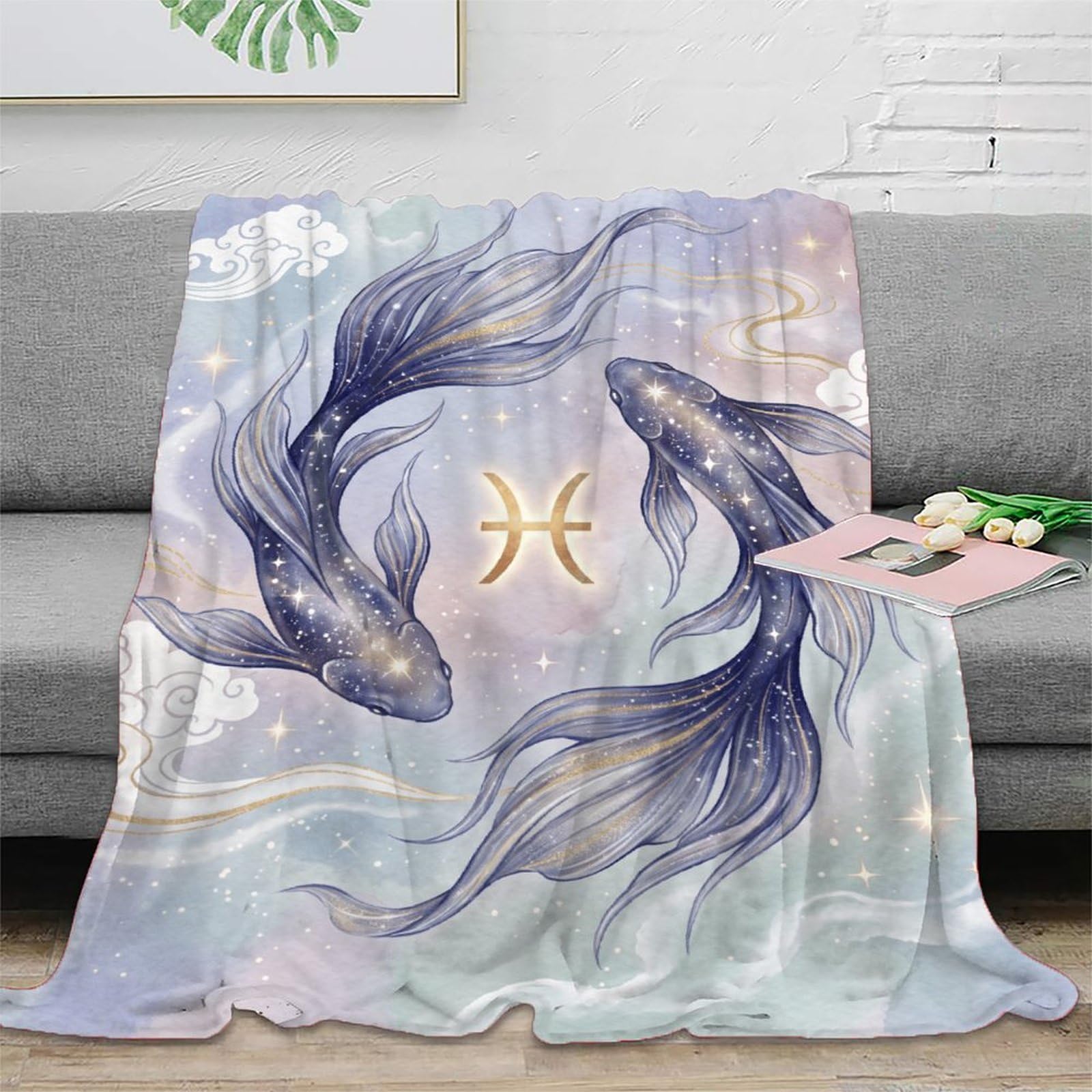 H3B8U2Y5 Pisces Koi Pastel Throw Blanket, Flannel, Bed, Tranquil Pond Print