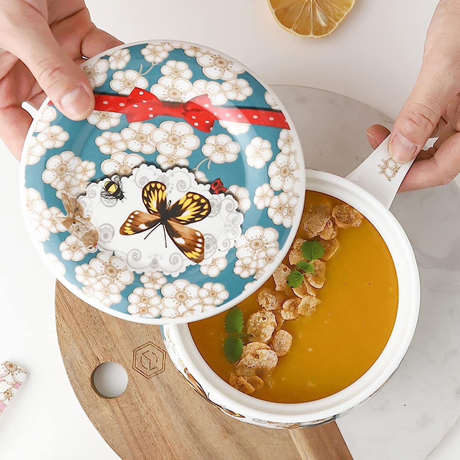Ceramiczne miski do zupy 680 ml z pokrywką akademika, miska mikrofalówki, ramenu – różowe