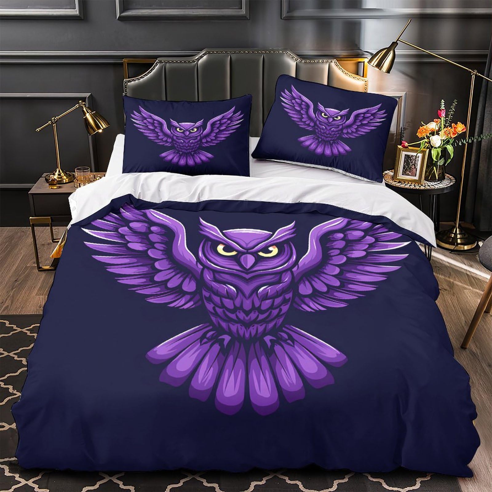 Housse de couette 140x200 lit enfant hibou violet parure de lit microfibre 3D avec zip