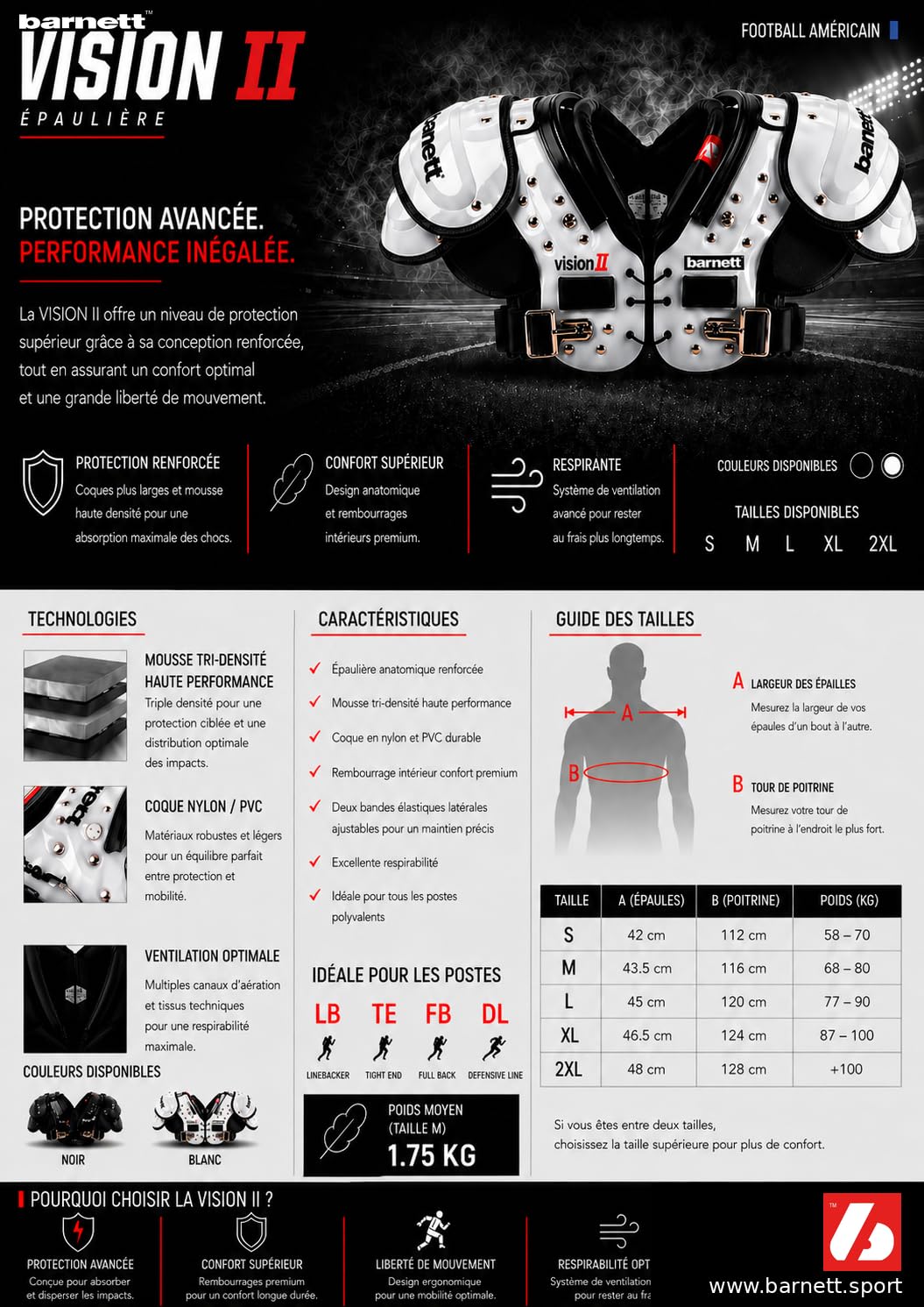 BARNETT Vision II RB-DB-TE-FB-HB Spallaccio da calcio