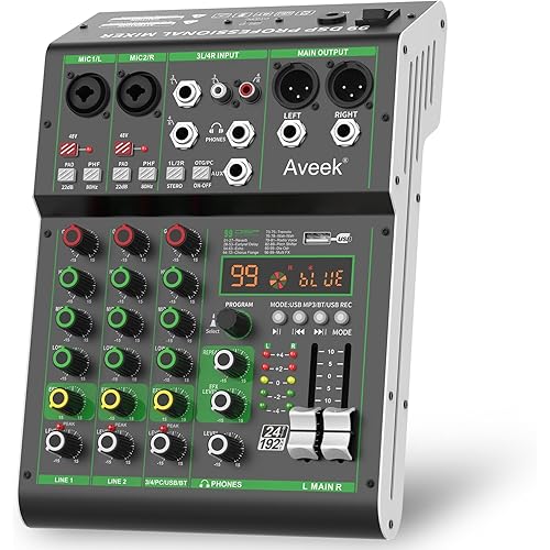 Aveek Audio Mixer,Professional Sound Board Mixing Console with USB Drive/Bluetooth/Computer/4 Channel Stereo Input DJ Mixer,48V Phantom Digital 99 DSP Effect for PC Recording Karaoke Studio Streaming