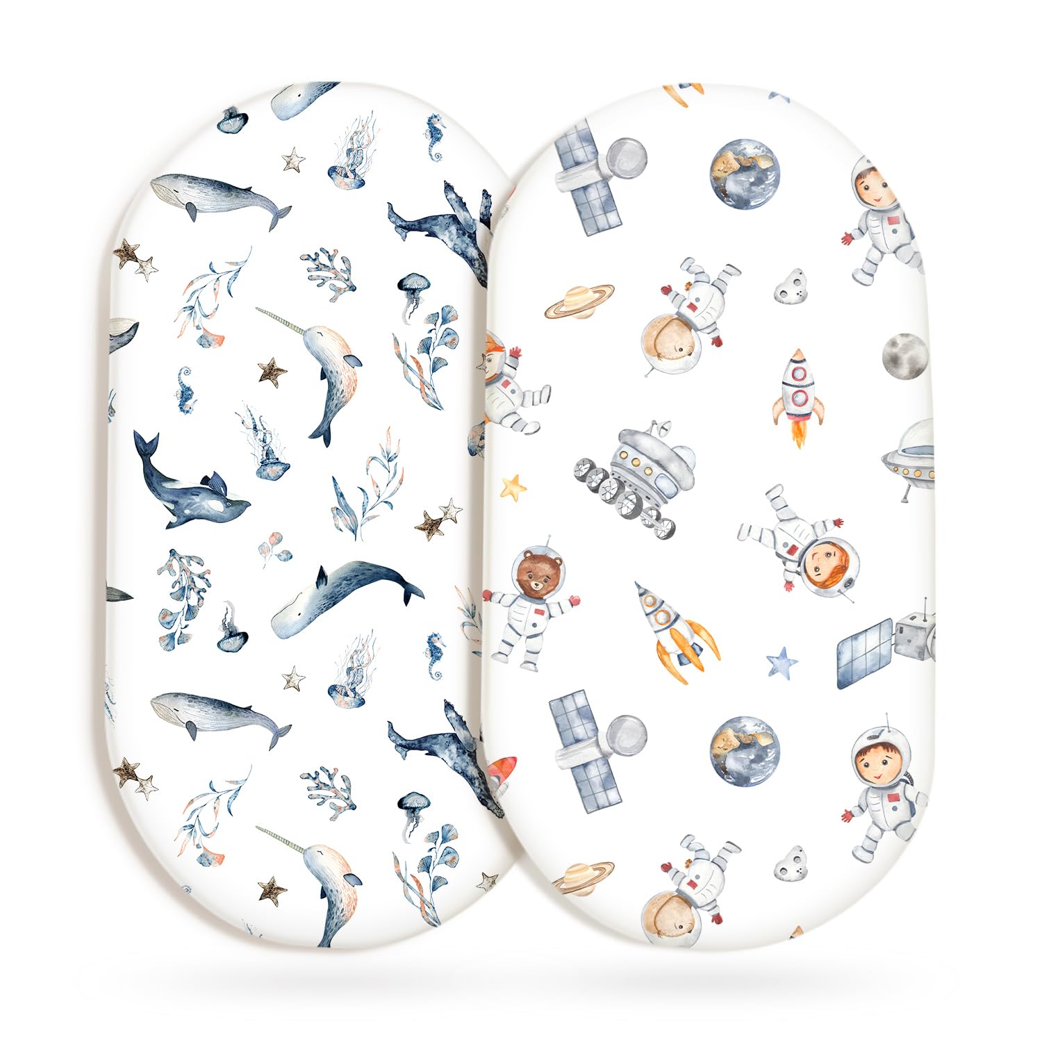 GRSSDER Stretchy Ultra Soft Fitted Bassinet Sheet Set 2 Pack, Universal Fit for Bassinets Baby Cradle Moses Basket Oval Rectangle Mattress Safe and Snug, Sea Fish &amp; Space Stylish Print