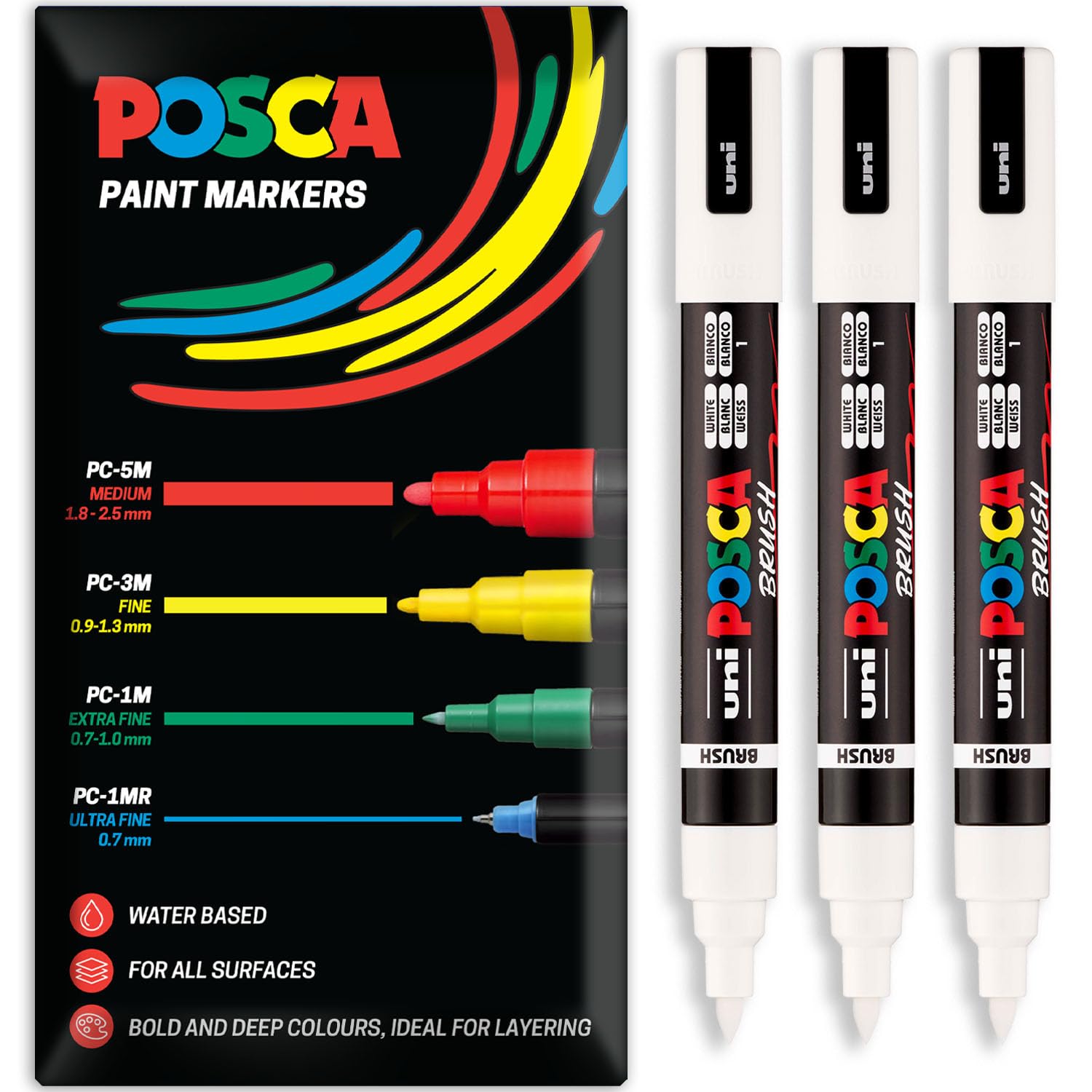 Posca Water Based Acrylic Paint Marker Pens | Multi Surface Use Permanent Paint Pen | Pack of 3 Pens in Envelope Gift Packaging | Glass, Fabric, Wood etc | Brush Nib PC-5BR, White