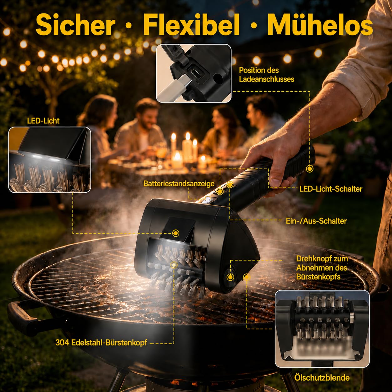 KINGLEAD Elektrische Grillbürste Kabellose BBQ Reinigungsbürste 4000 mAh | 2 Geschwindigkeiten, Edelstahl 304 Bürstenkopf, LED Licht, Schaber & Handschuhe für einfache Grillreinigung