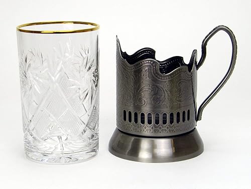 Miniatura 3 de Juego de té ruso de 12 piezas, vasos de cristal templado con bandas de oro de 24 quilates con soportes de vidrio de metal, diseño vintage