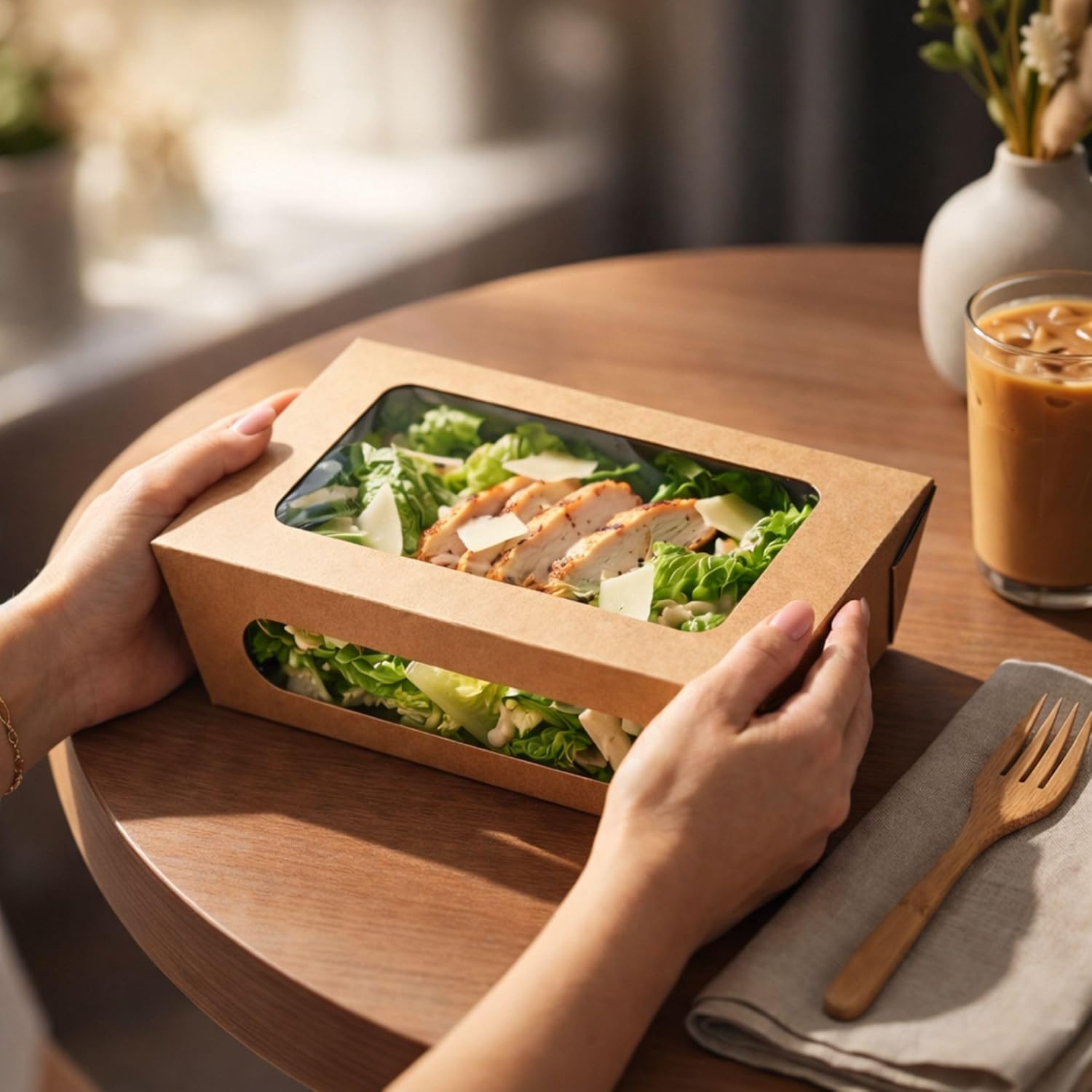 Restaurantware Cafe Vision 28 Ounce Food Boxes 50 Greaseproof Baked Goods Gift Boxes - Built-In Clamshell Lid 2 Windows Kraft Paper Brownie Boxes For Meals And Desserts- Restaurantware