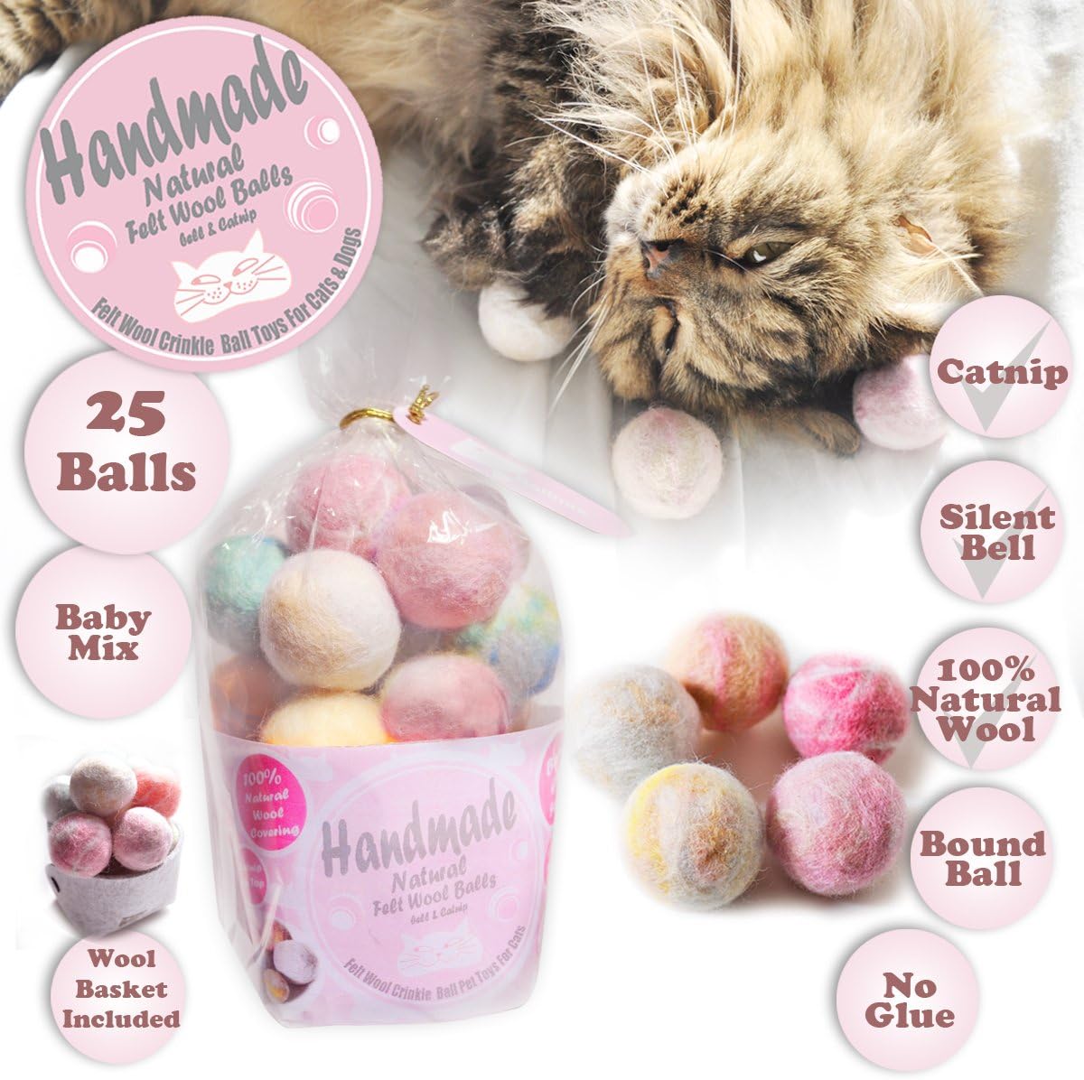BALLMIE Felt Wool Cat Toys Ball with Catnip and Bell, Natural Handmade (Baby Mix (25 Units))