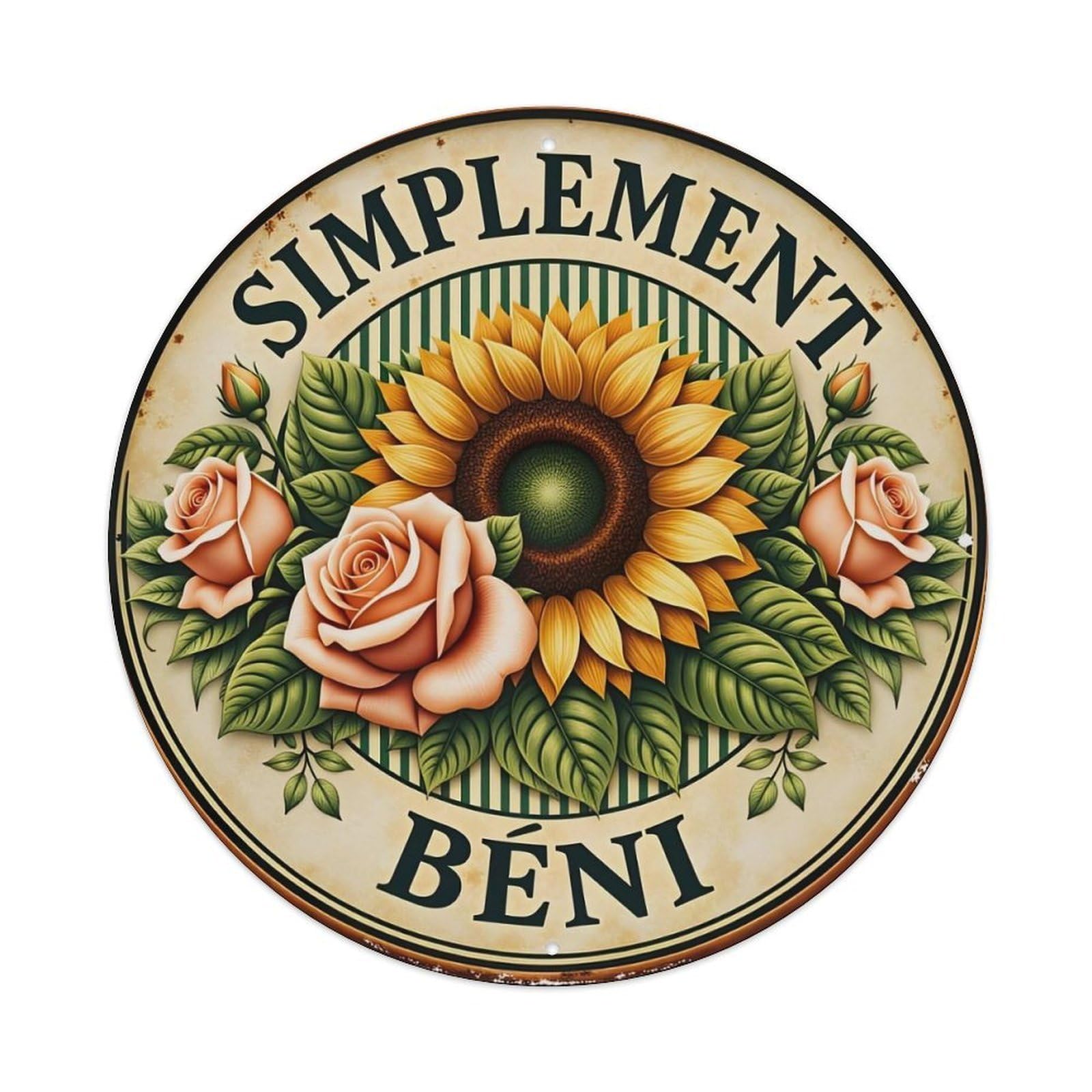 Sunflower Roses Leaves Stripes Text Metal Tin Sign