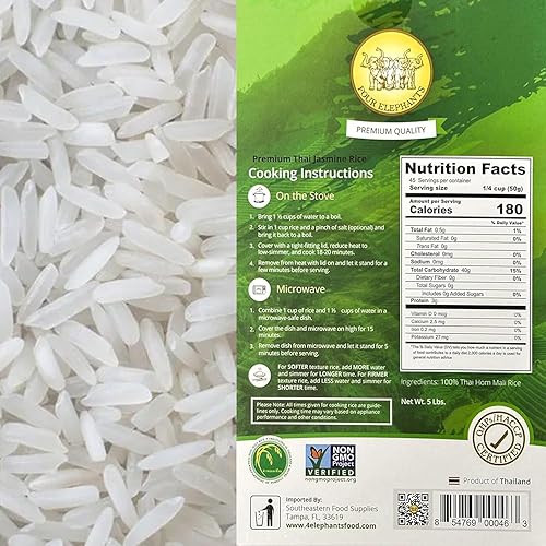 Miniatura 2 de 5 libras (LBS) de arroz jazmín tailandés Hom Mali premium Aprobado por chefs profesionales Marca Four Elephants Instrucciones de cocina
