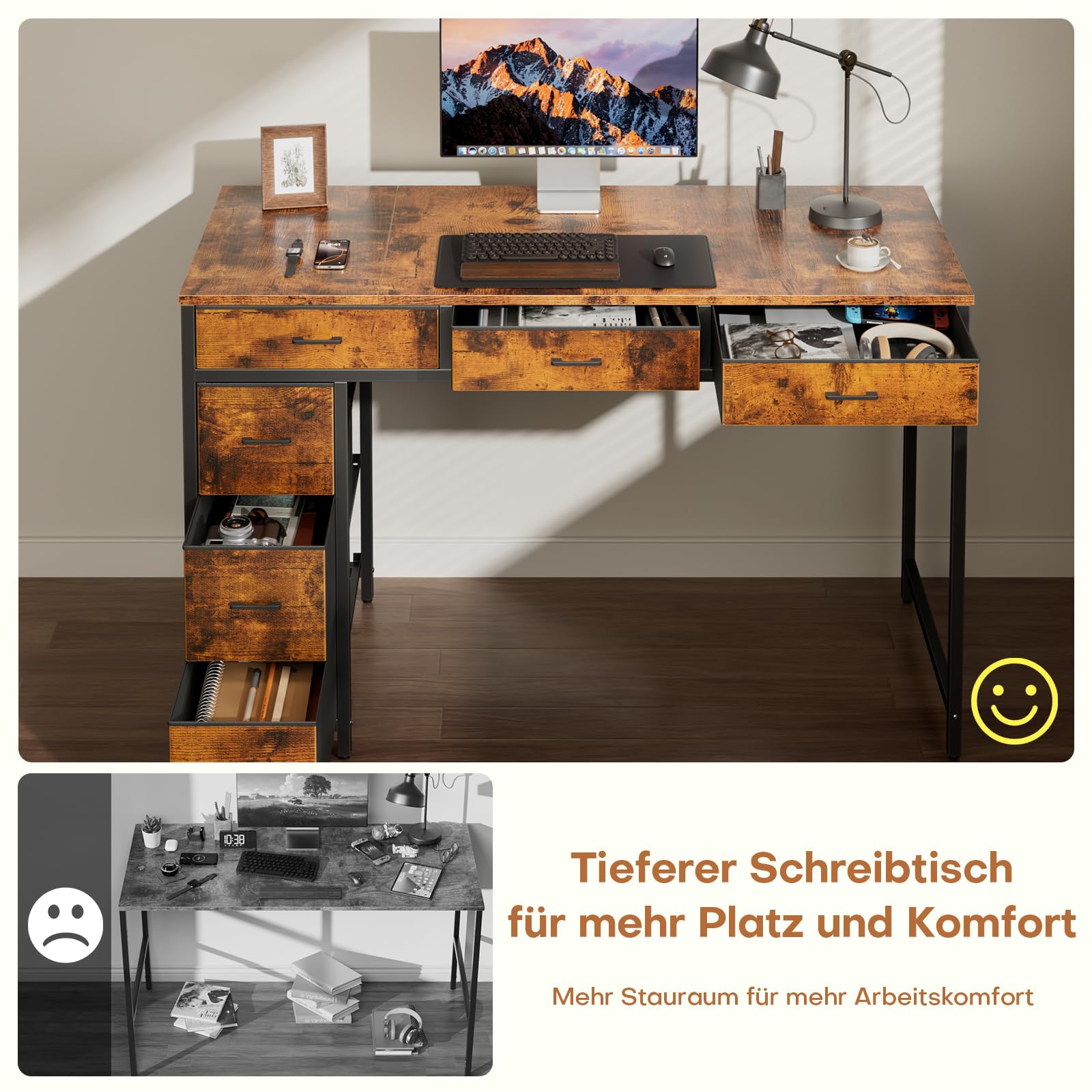 HLONONE Schreibtisch mit 6 Stoff Schubladen, 120cm Reversibler | Computertisch mit Stauraum, Modern PC Tisch für Office Wohnzimmer und Arbeitszimmer, Vintagebraun