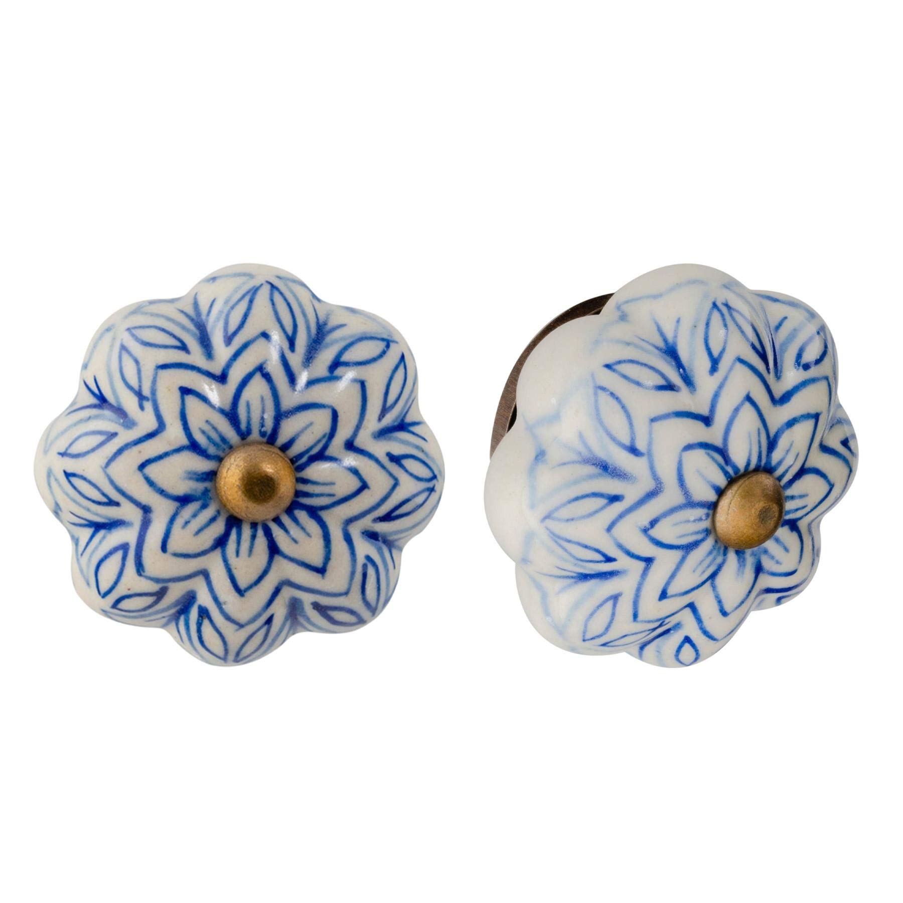 Nicola SpringCeramic Cupboard Drawer Handle Knobs - Vintage Flower Design - Light Blue - Pack of 6