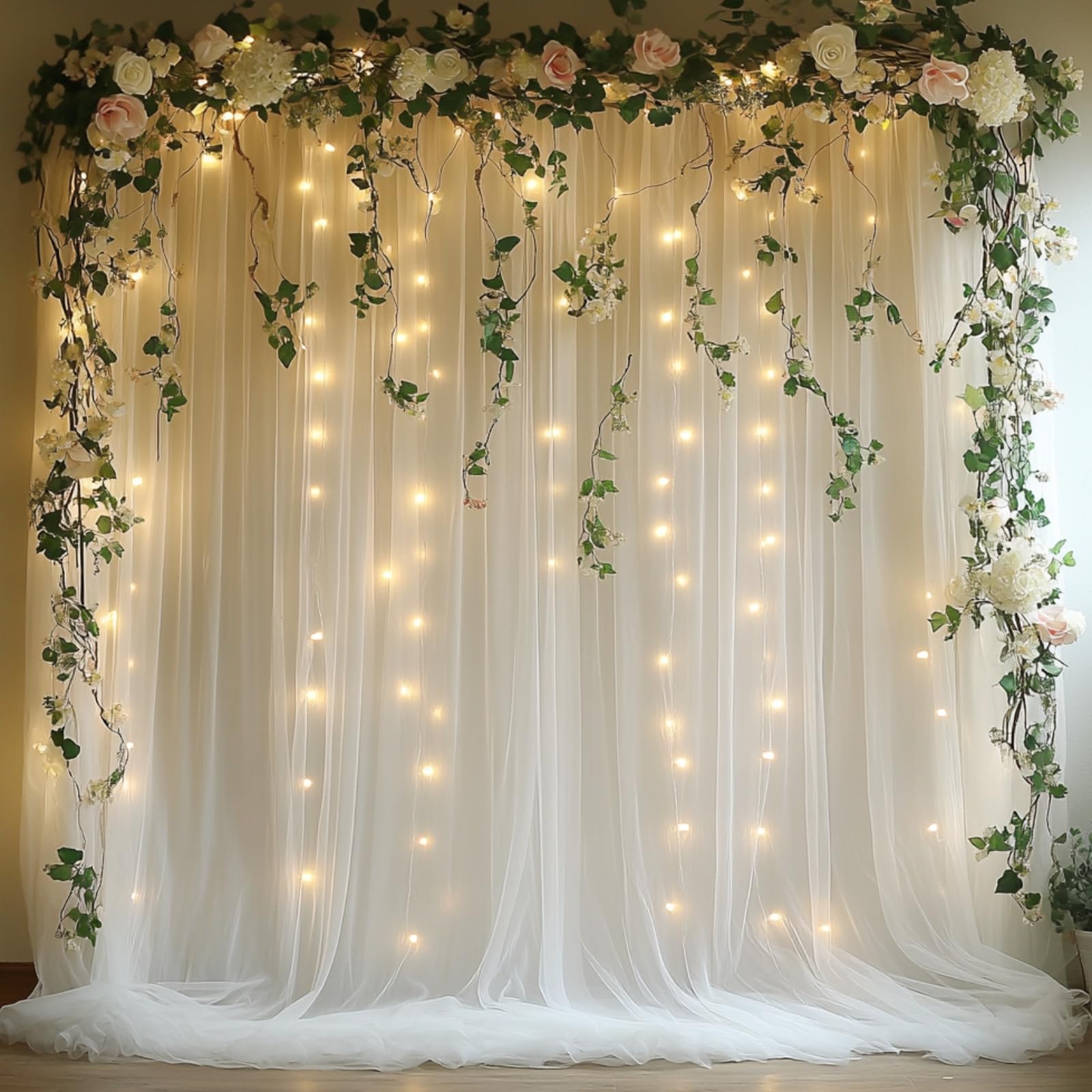 Patioman 10x10ft White Tulle Backdrop Curtain with String Lights, Wrinkle-Free Sheer Wedding Backdrop for Birthday Parties, Baby Showers, Bridal