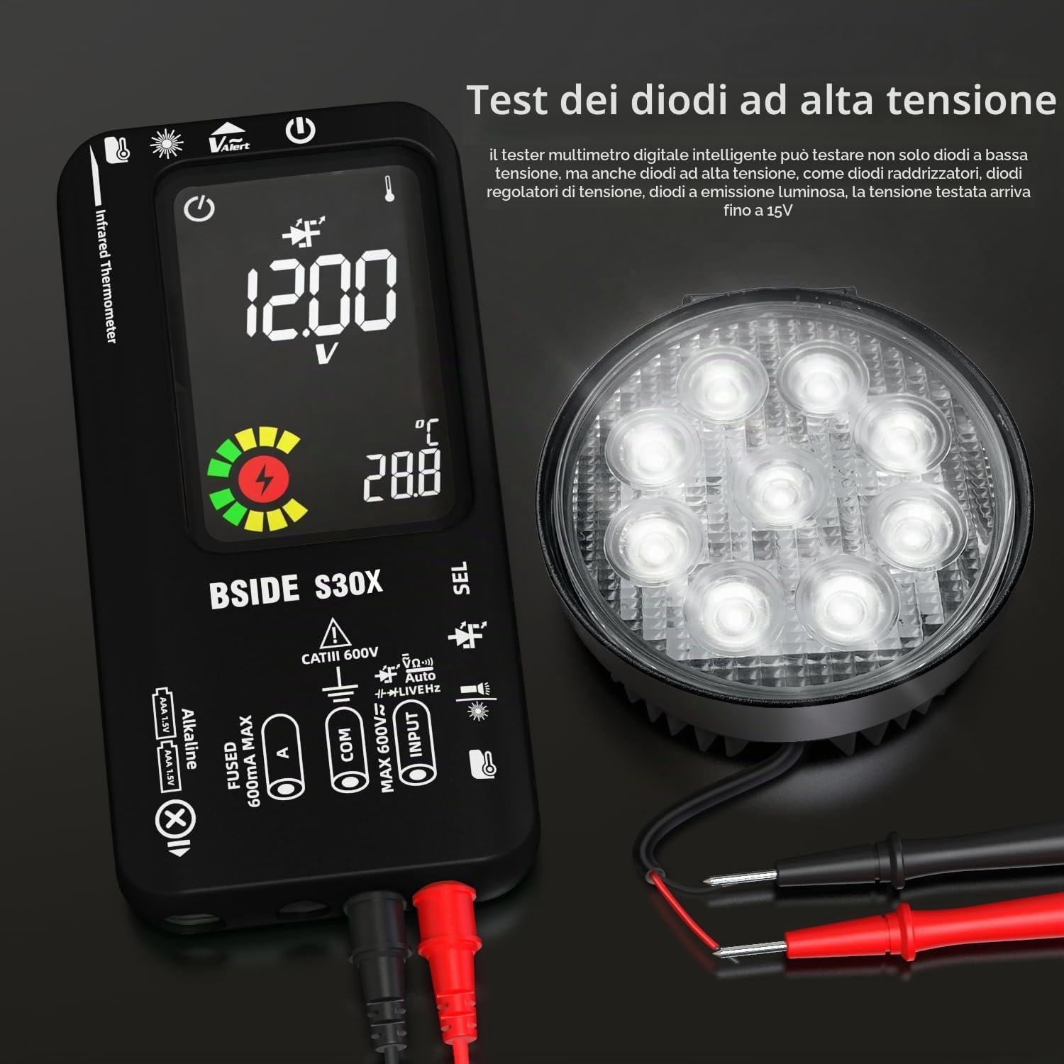 BSIDE Kit Multimetro Digitale Intelligente e Rilevatore di Tensione Senza Contatto S30X+X1 con Clip a Coccodrillo Tester di Tensione Corrente Capacità Ohm Continuità Temperatura e Luci LED Cercafase