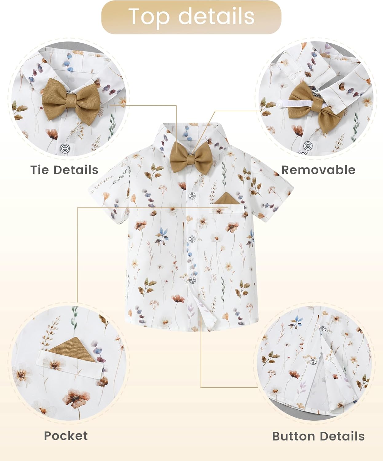 Toddler Boys Semi Formal Outfit 3pcs Sets Short Dress Shirt Suspender Pants Bow Tie for 1-5 Years - Image 2