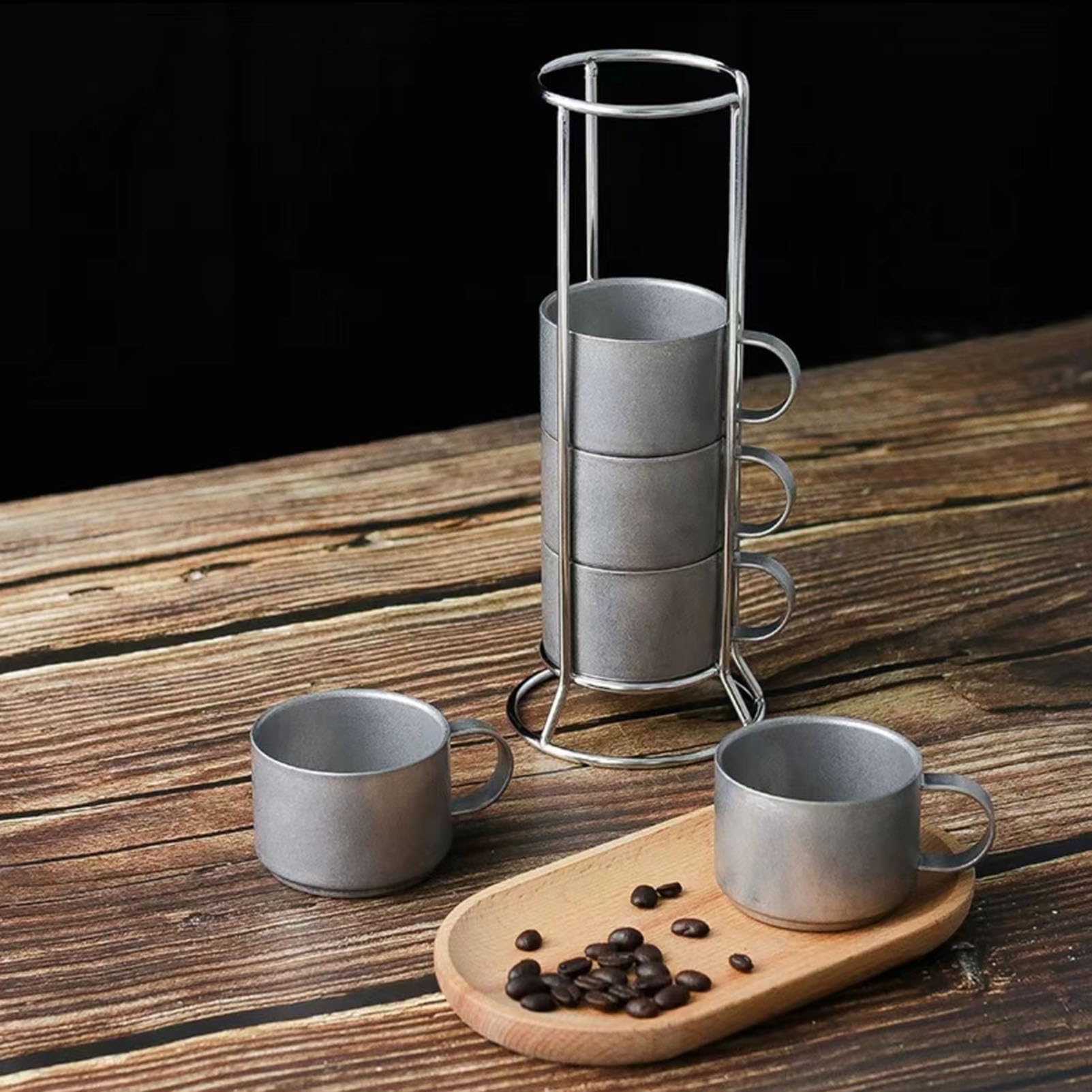 Tazas de Cafe，5 Tazas de Café Apilables de Acero Inoxidable con Soporte de Metal, Taza de Café Vintage de Acero Inoxidable 304, Juego de Tazas de Espresso, Tazas para Café, Té, Cacao, Leche