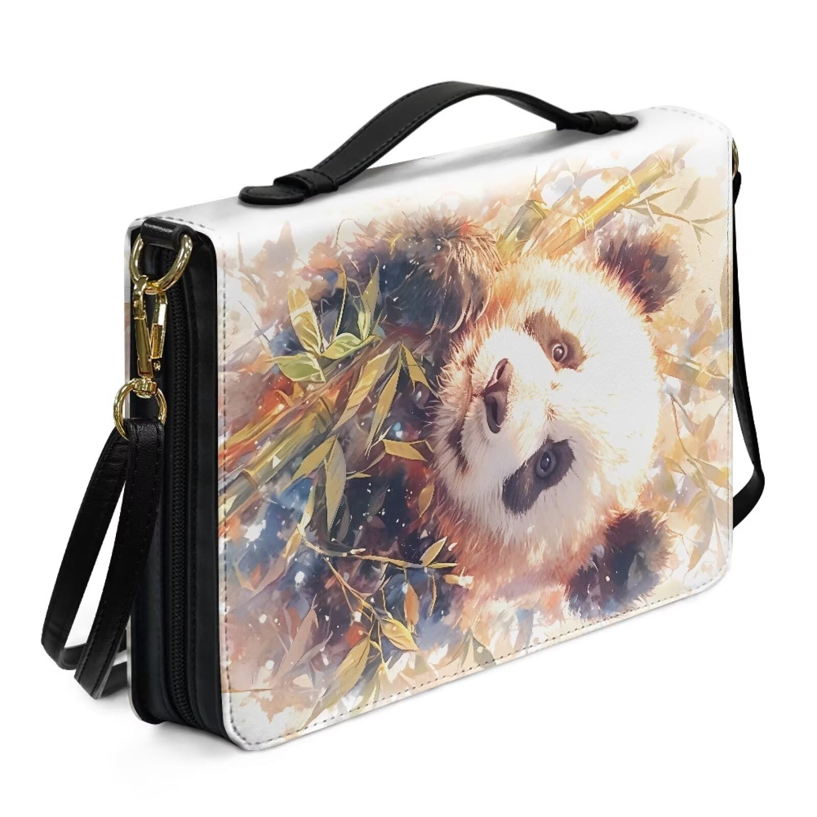 Kuiaobaty Cute Panda Bible Case Large Size Book Carrying Bag with Handle, Watercolor Bamboo Forest PU Leather Book Protective Bag with Shoulder Strap — image 1