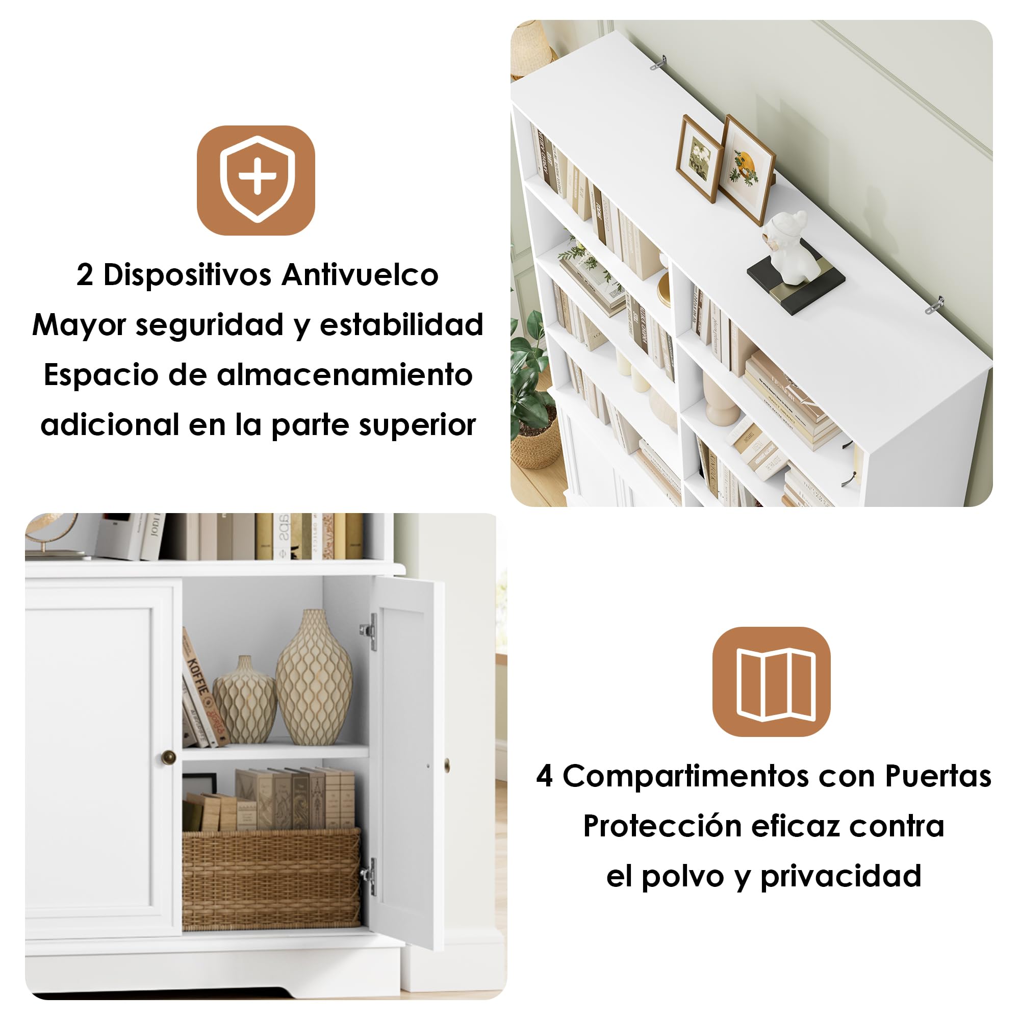 FirFurd 185cm Estantería Libros de 8 Compartimientos con 4 Puertas Retro | Librería Salón, Estanterías Almacenaje de Pie para Oficina Salón Almacenamiento y Exhibición Blanco 120An.x27F.x185Al.cm
