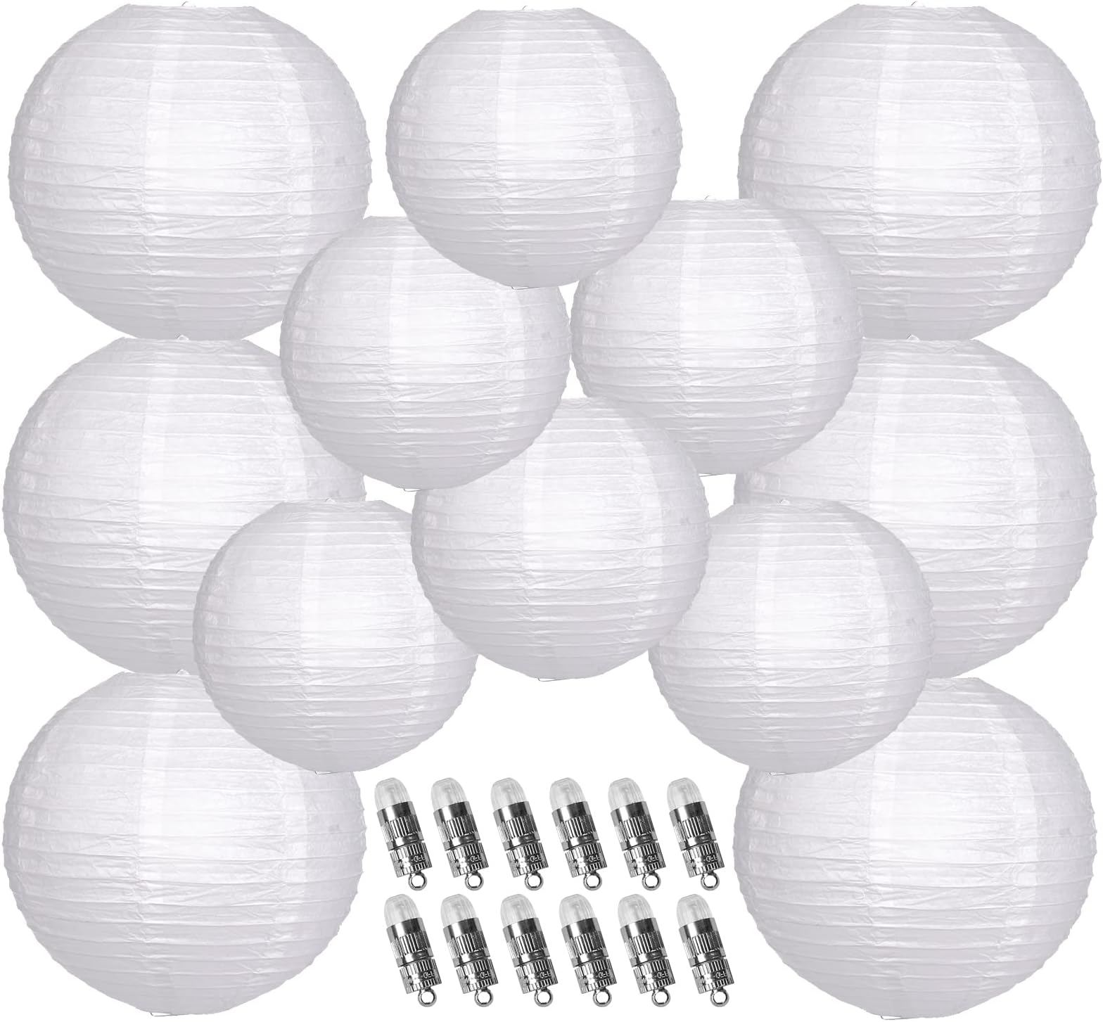YUNXUAN Paper Lanterns Decorative, White Hanging Paper Lanterns with Lights for Wedding Anniversary Birthday Party 12 LED Light Round Chinese Lanterns 12" 10" Pack of 12