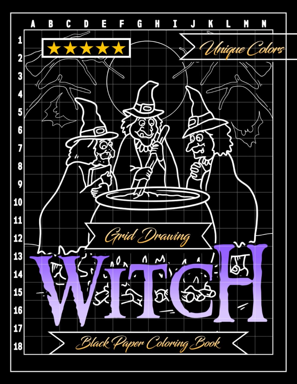 Witch Grid Drawing Black Paper Coloring Book: Including magical potions, mystical creatures, and spell-casting scenes: 53 Unique Beautiful Designs Perfect Gifts For All Ages