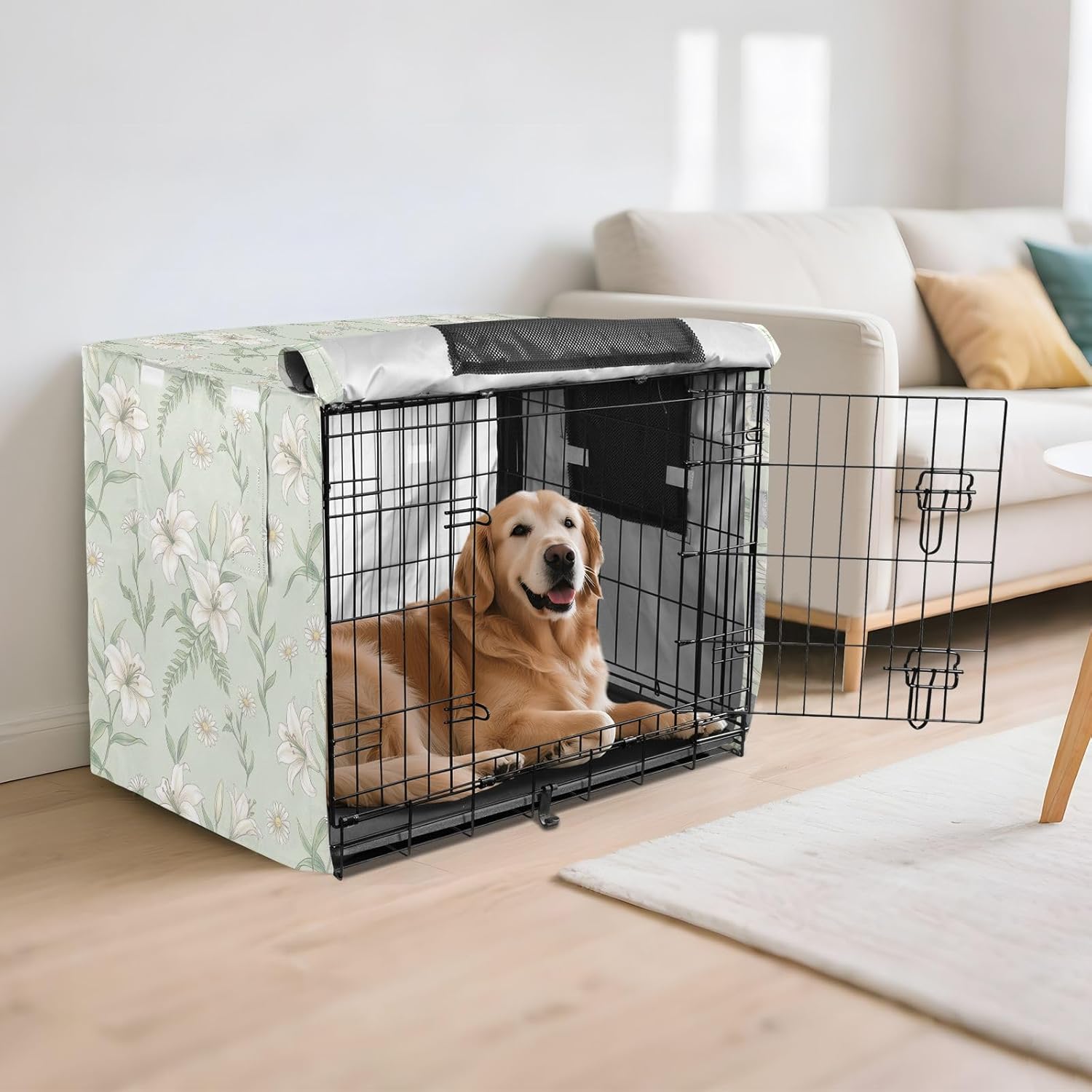 Duty 600D Silver Coated Dog Crate Cover, Water-Resistant Floral Print Pet Kennel Canopy with Mesh Windows for Optimal Ventilation, Universal Fit for Standard Wire Cage, Indoor & Travel