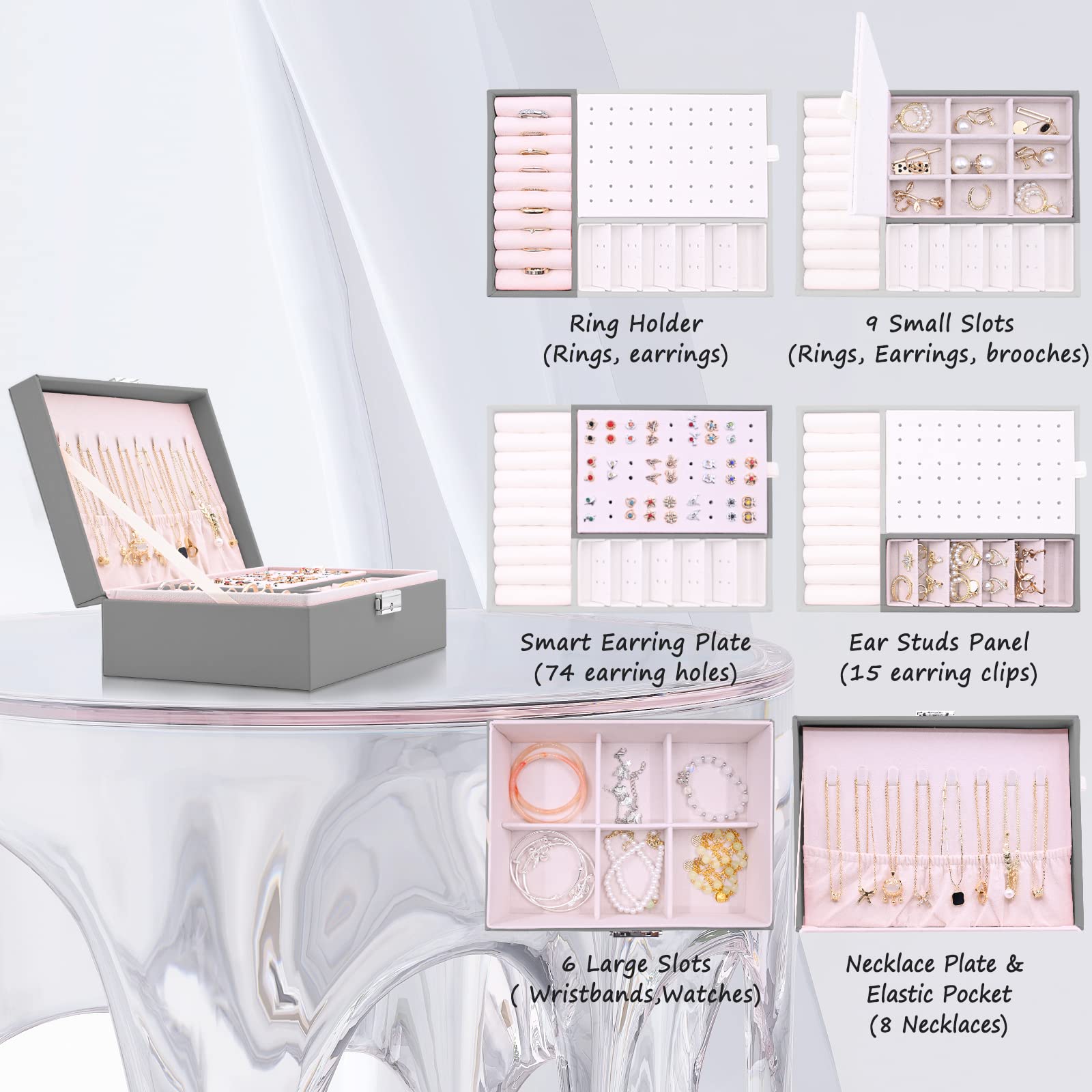 Portagioie Donna 2 Strati Con Serratura - Organizer Da Viaggio In Pelle PU Per Anelli, Orecchini E Collane, Verde - Foto 7