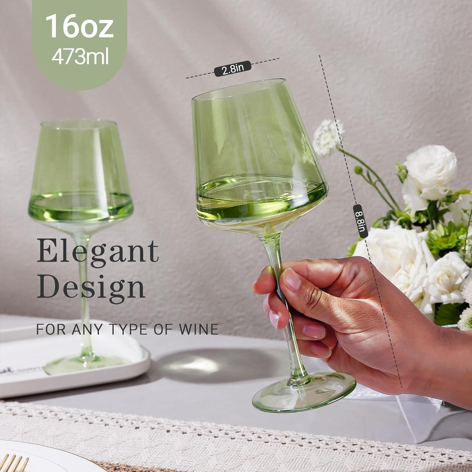 Physkoa Green Wine Glasses Set 6-16oz Modern Green Colored Wine Glasses with Tall Long Stem and Flat Bottom,VerdantGlassware for Valentine's Day - Image 2